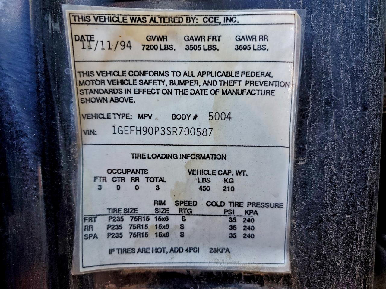 1995 Cadillac Commercial Chassis Blue vin: 1GEFH90P3SR700587