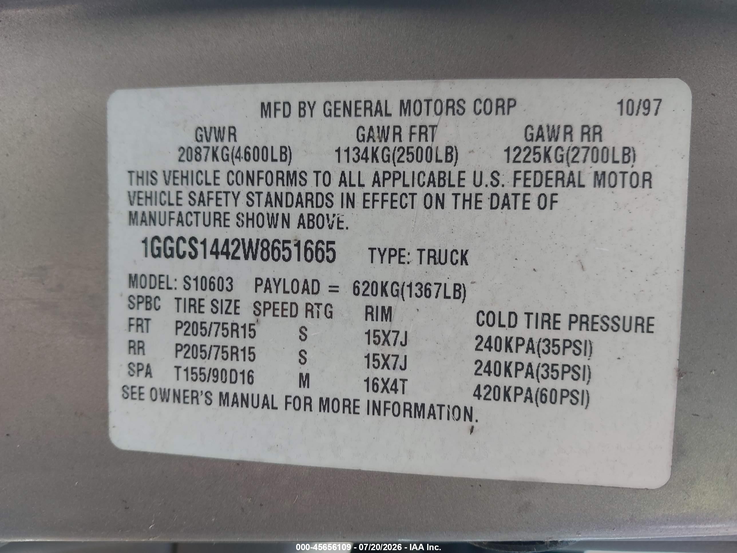 1998 Isuzu Hombre S Золотой vin: 1GGCS1442W8651665