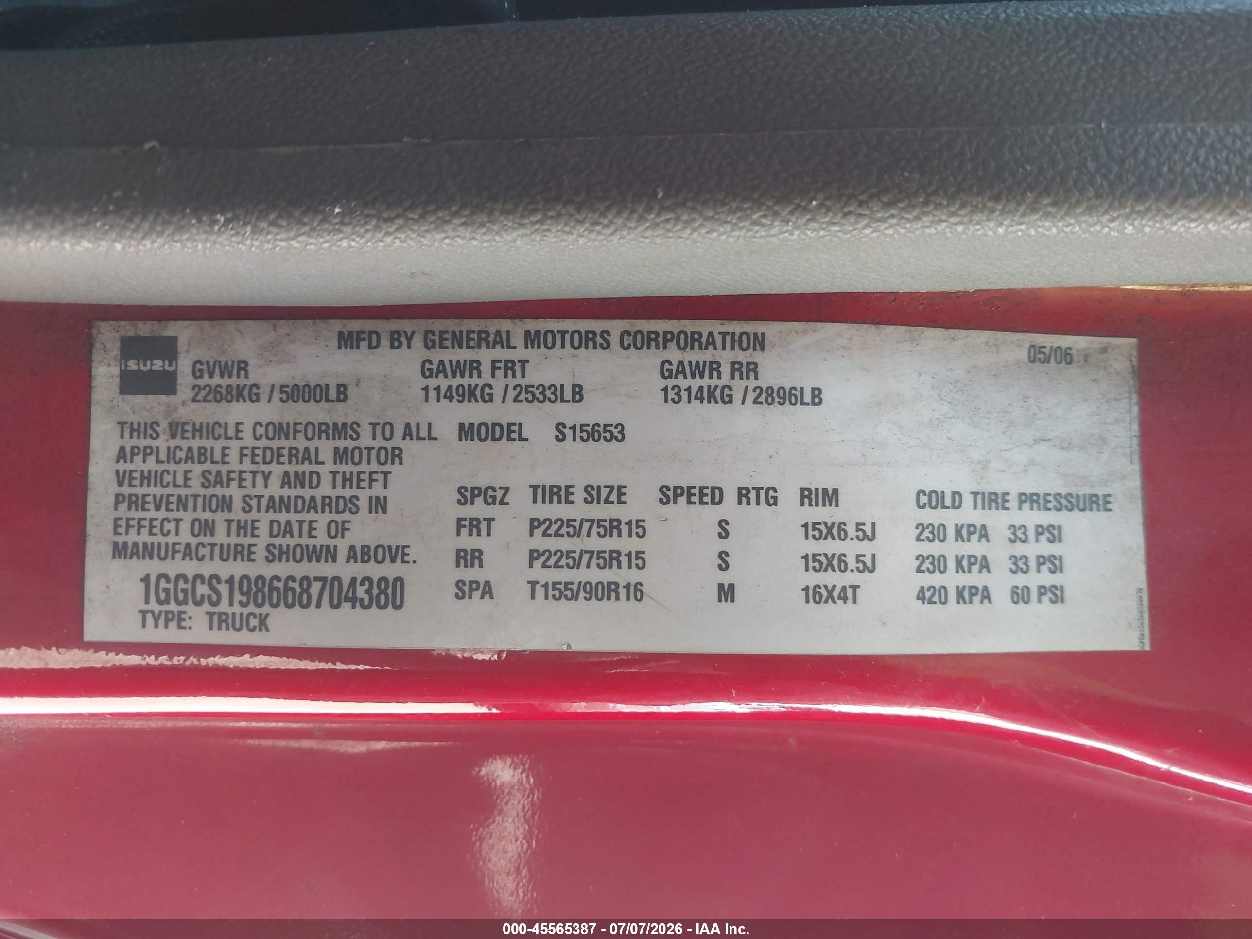 2006 Isuzu I-280 S Red vin: 1GGCS198668704380