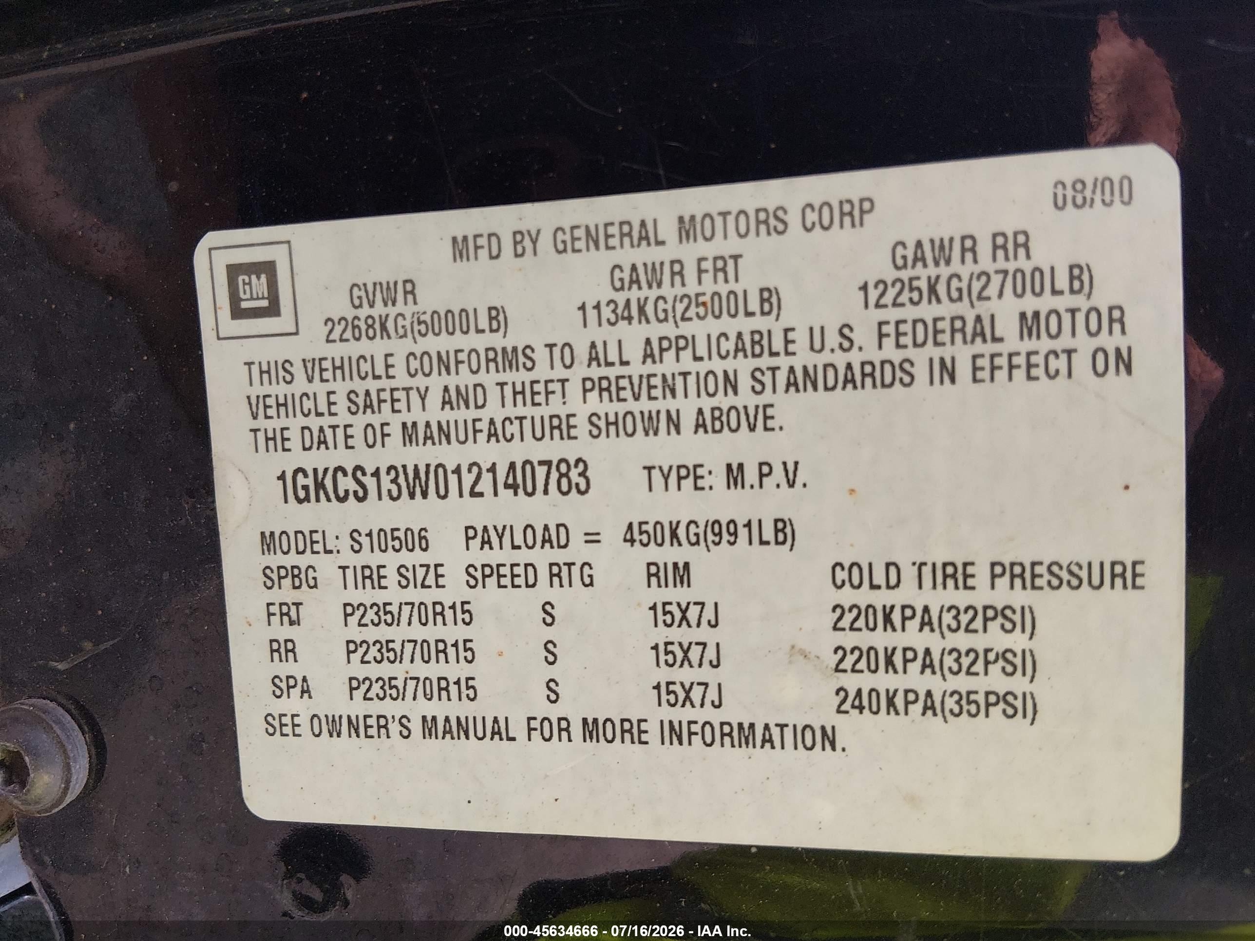 2001 Gmc Jimmy Sle Black vin: 1GKCS13W012140783