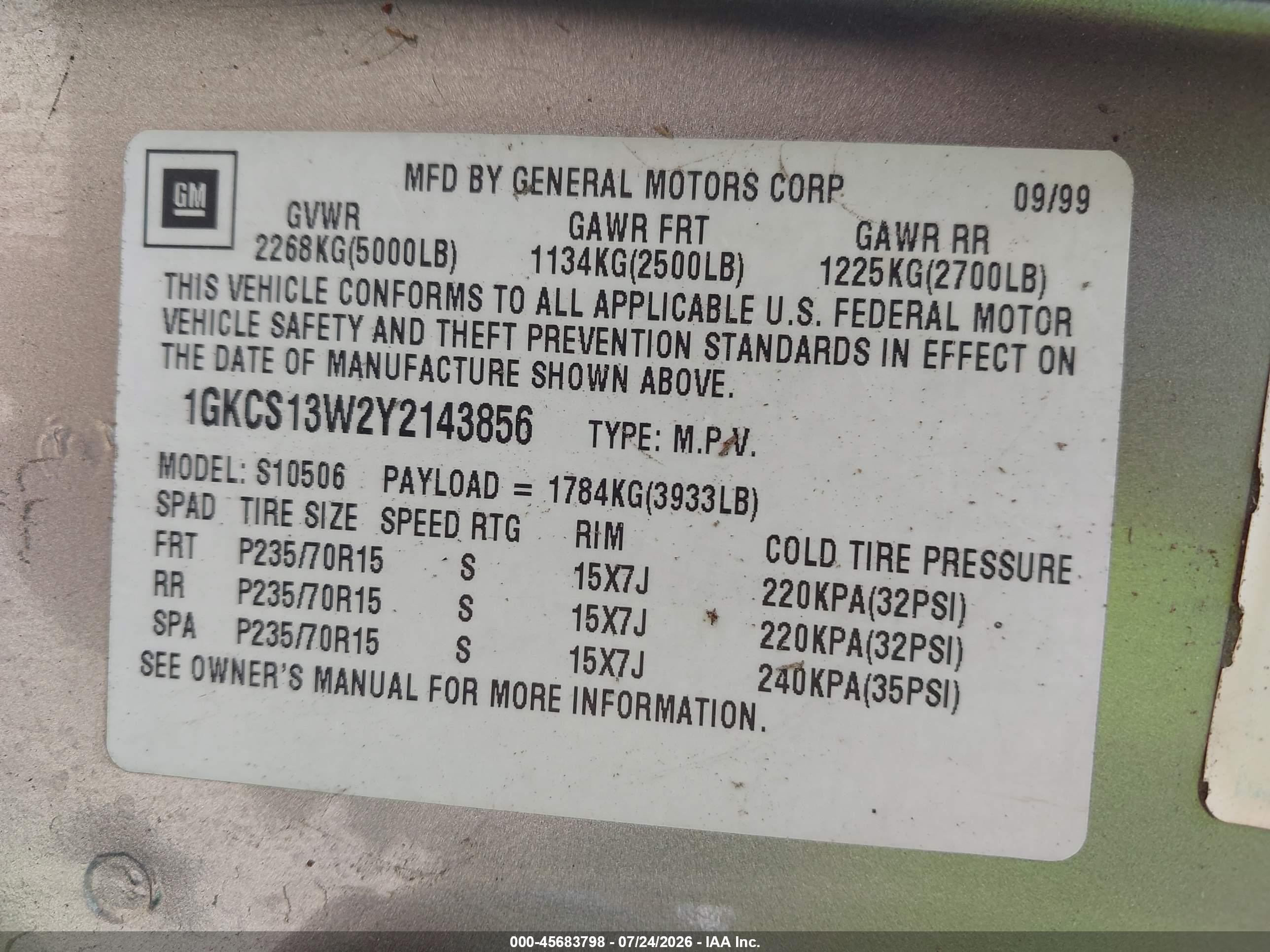 2000 Gmc Jimmy   Золотой vin: 1GKCS13W2Y2143856