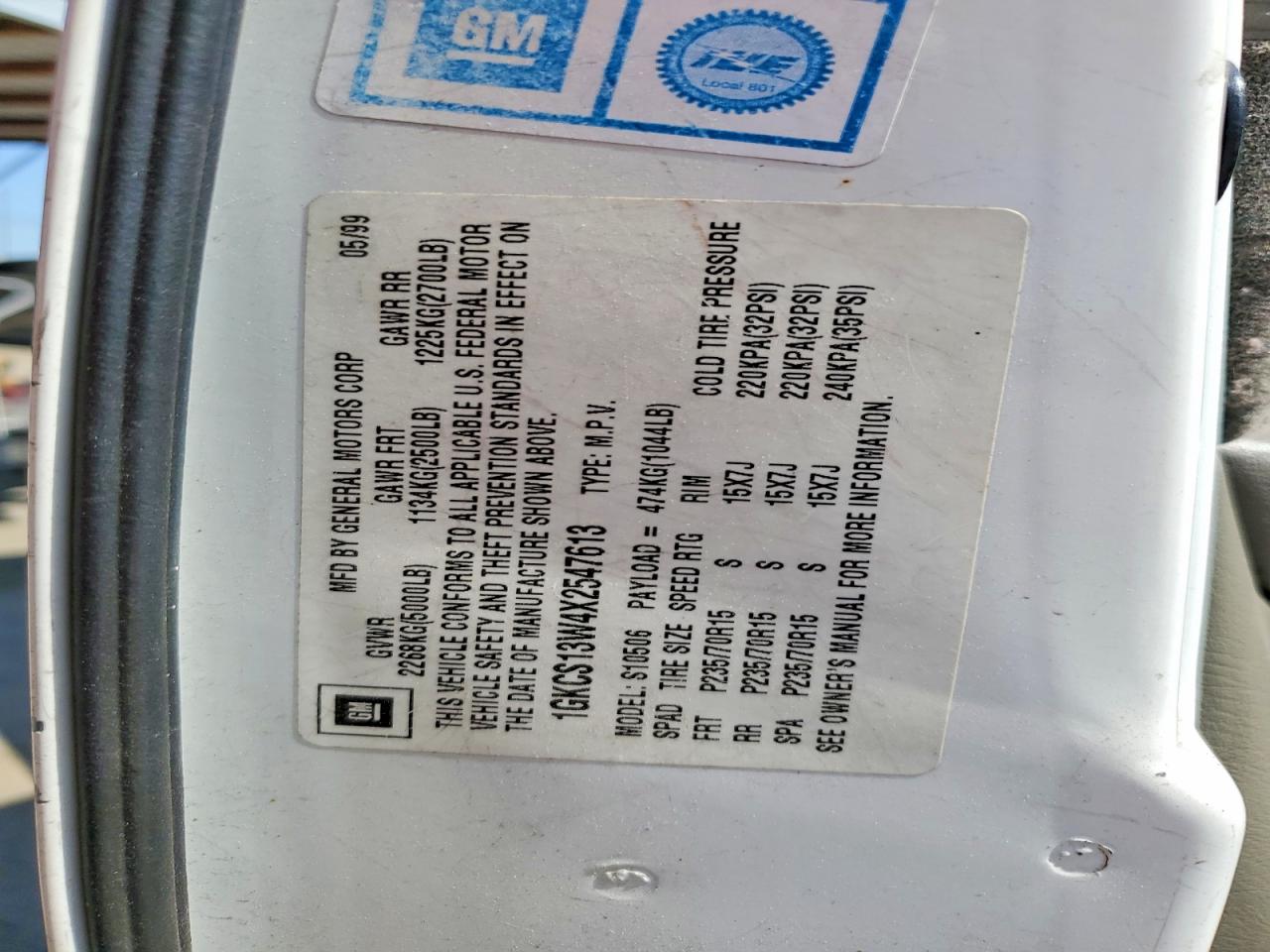 1999 Gmc Jimmy White vin: 1GKCS13W4X2547613