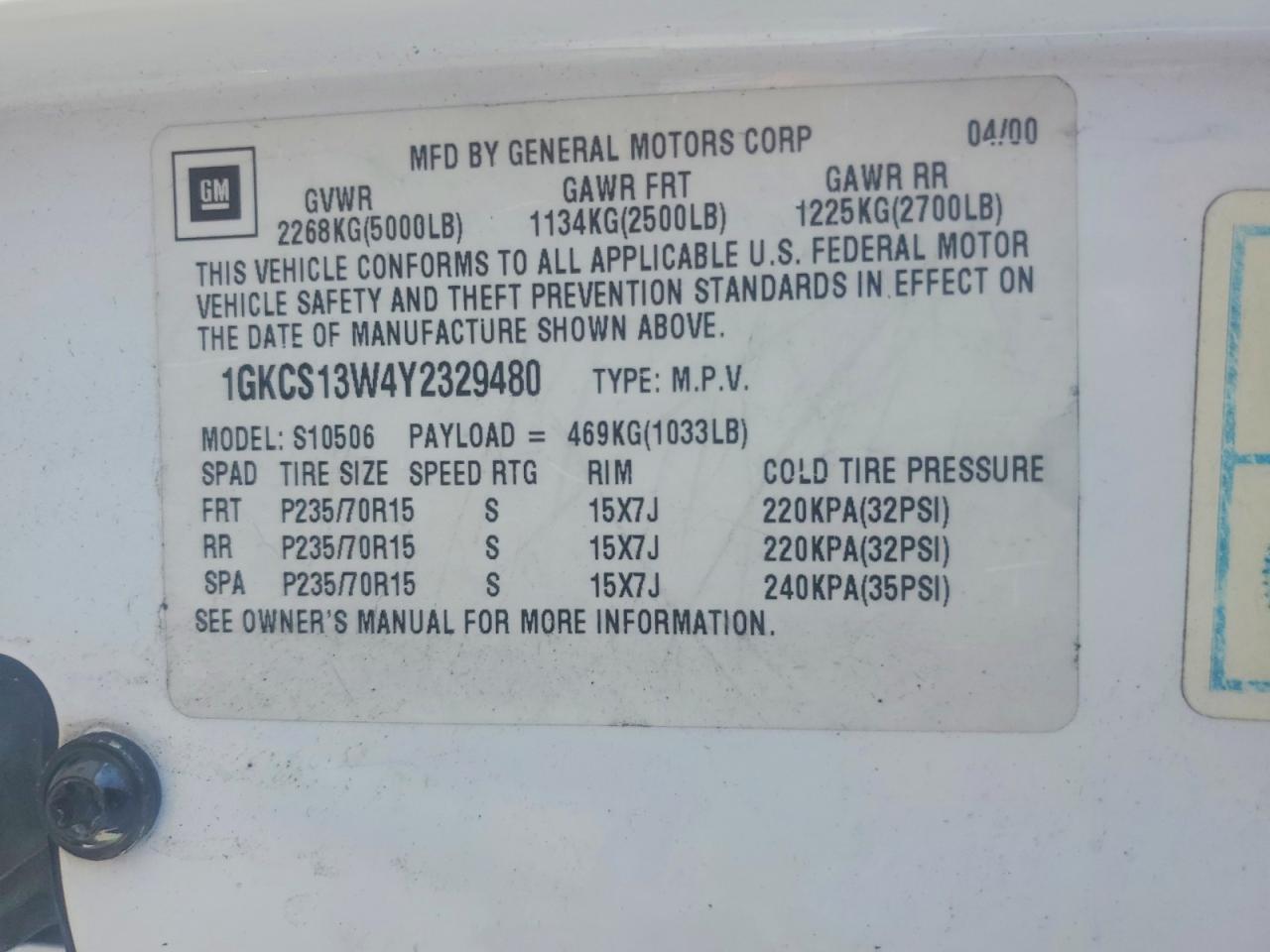 2000 Gmc Jimmy White vin: 1GKCS13W4Y2329480