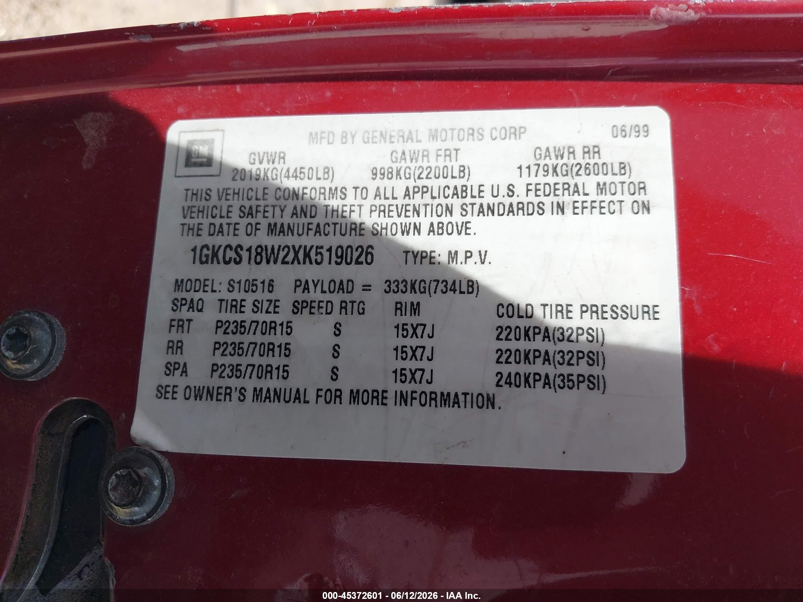 1999 Gmc Jimmy Sls Red vin: 1GKCS18W2XK519026