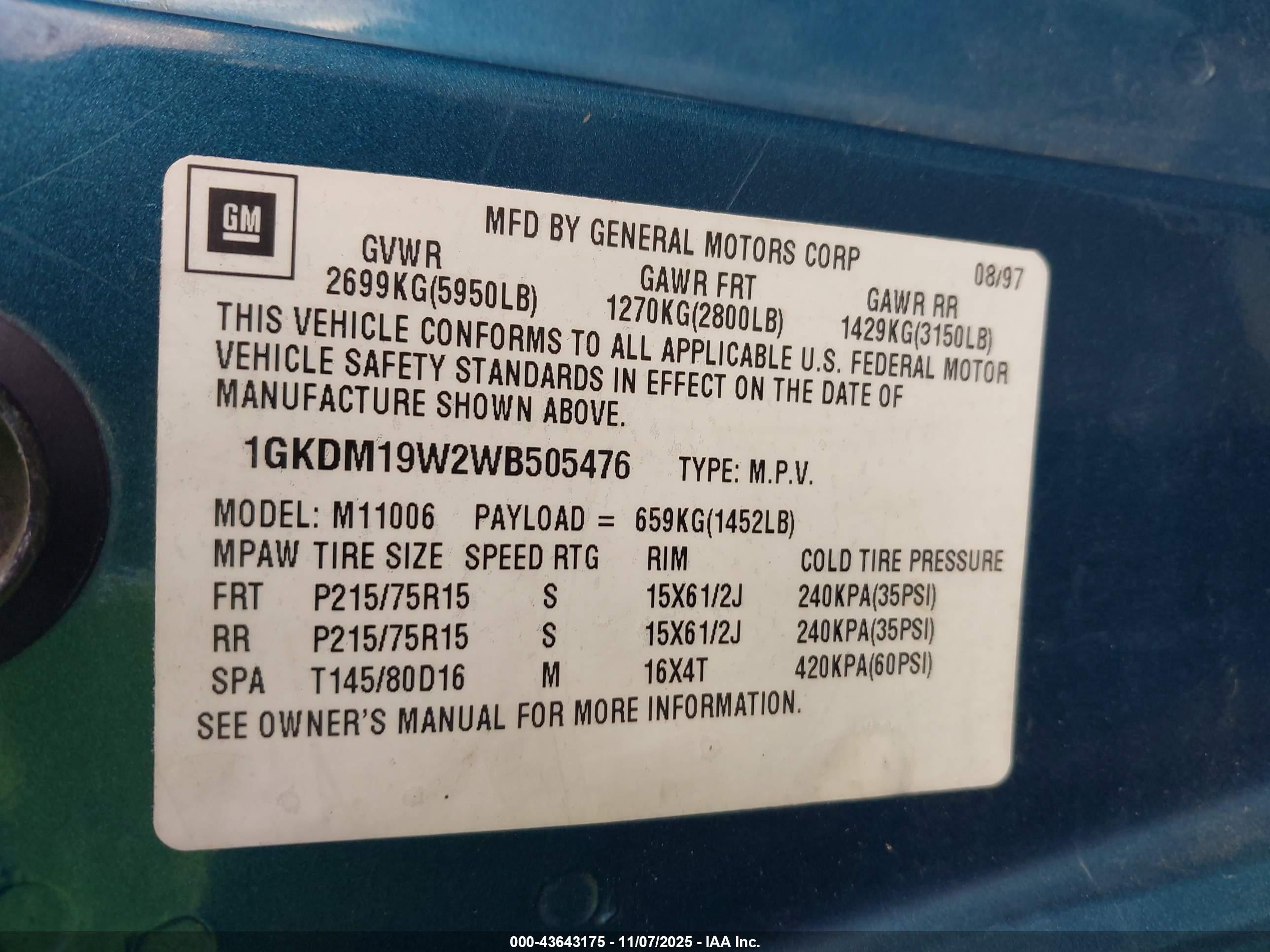 1998 Gmc Safari Sle Зеленый vin: 1GKDM19W2WB505476