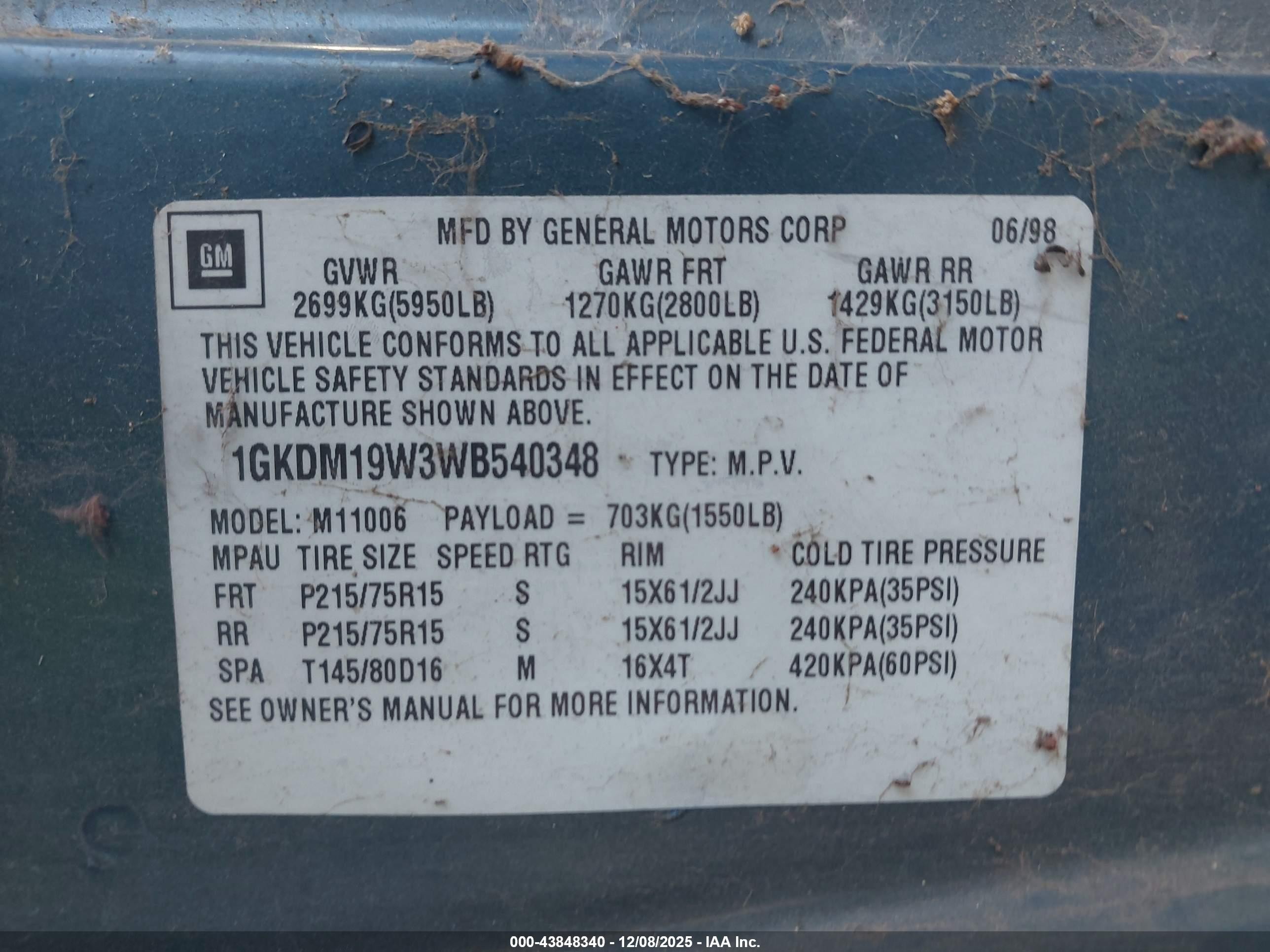 1998 Gmc Safari Sle Зеленый vin: 1GKDM19W3WB540348