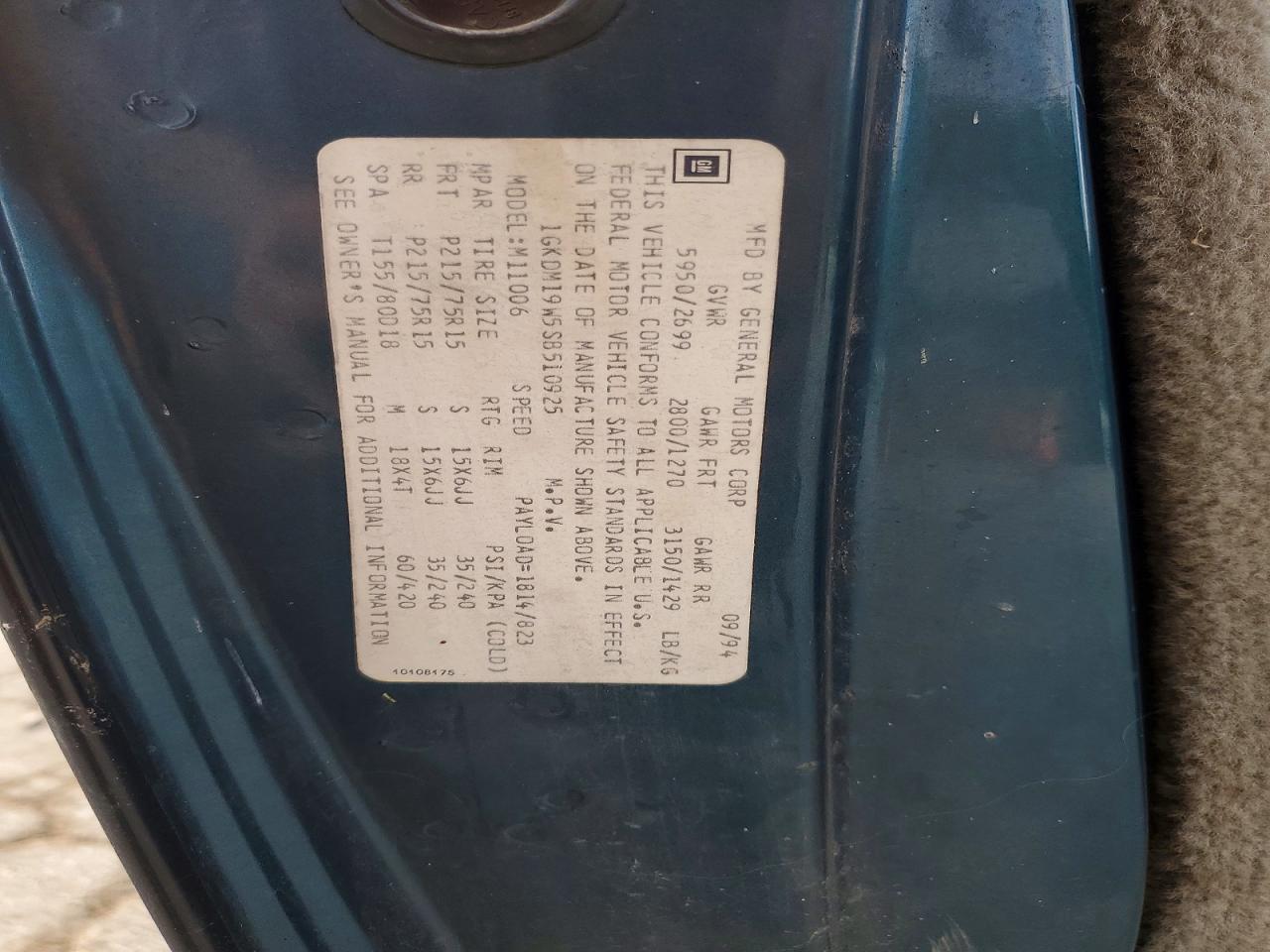 1995 Gmc Safari Xt Blue vin: 1GKDM19W5SB510925
