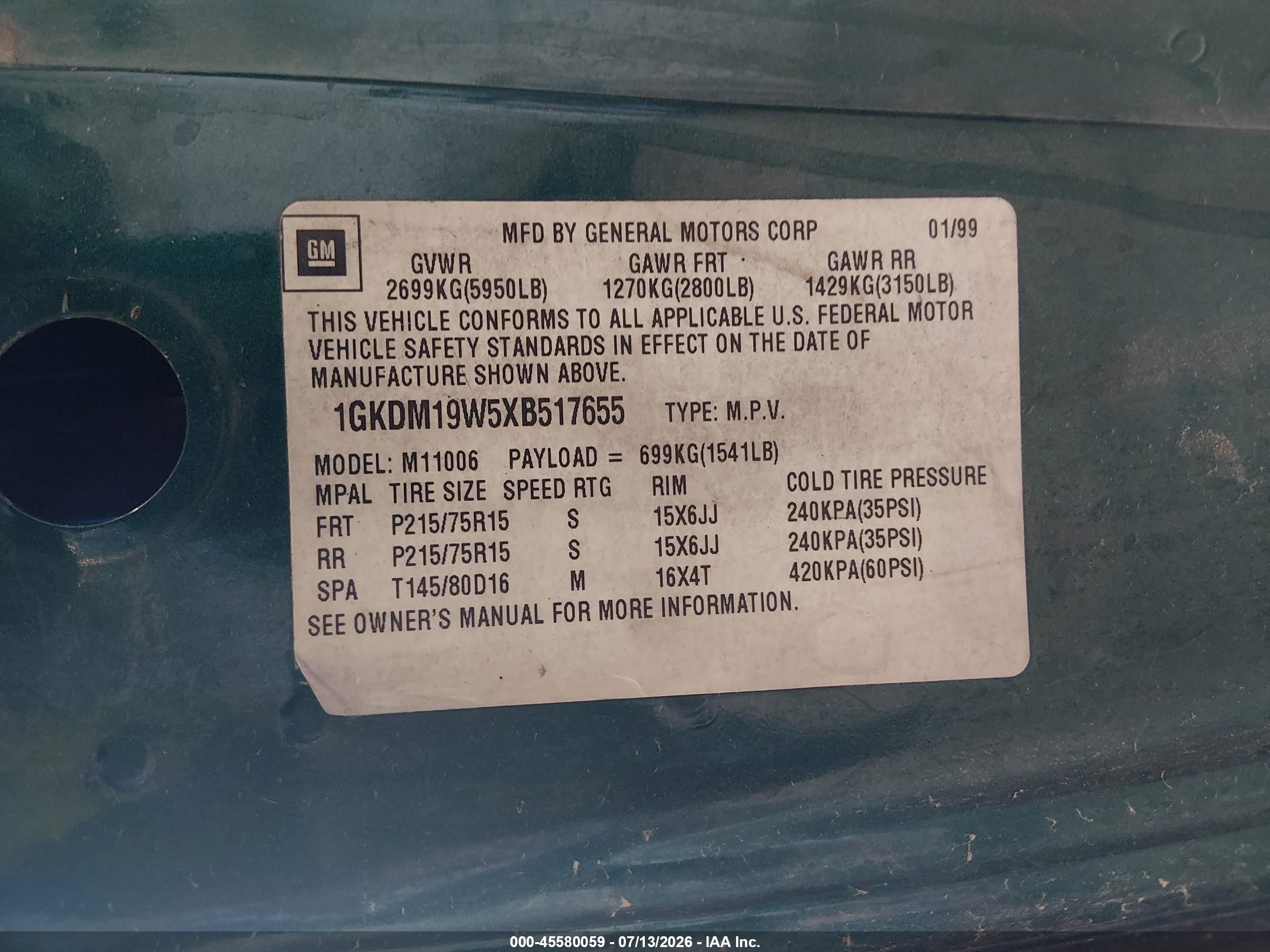 1999 Gmc Safari Passenger Sl Green vin: 1GKDM19W5XB517655