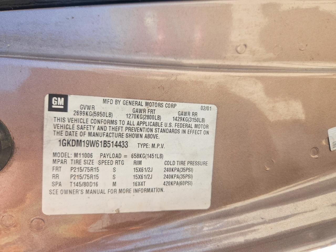 2001 Gmc Safari Xt Tan vin: 1GKDM19W61B514433