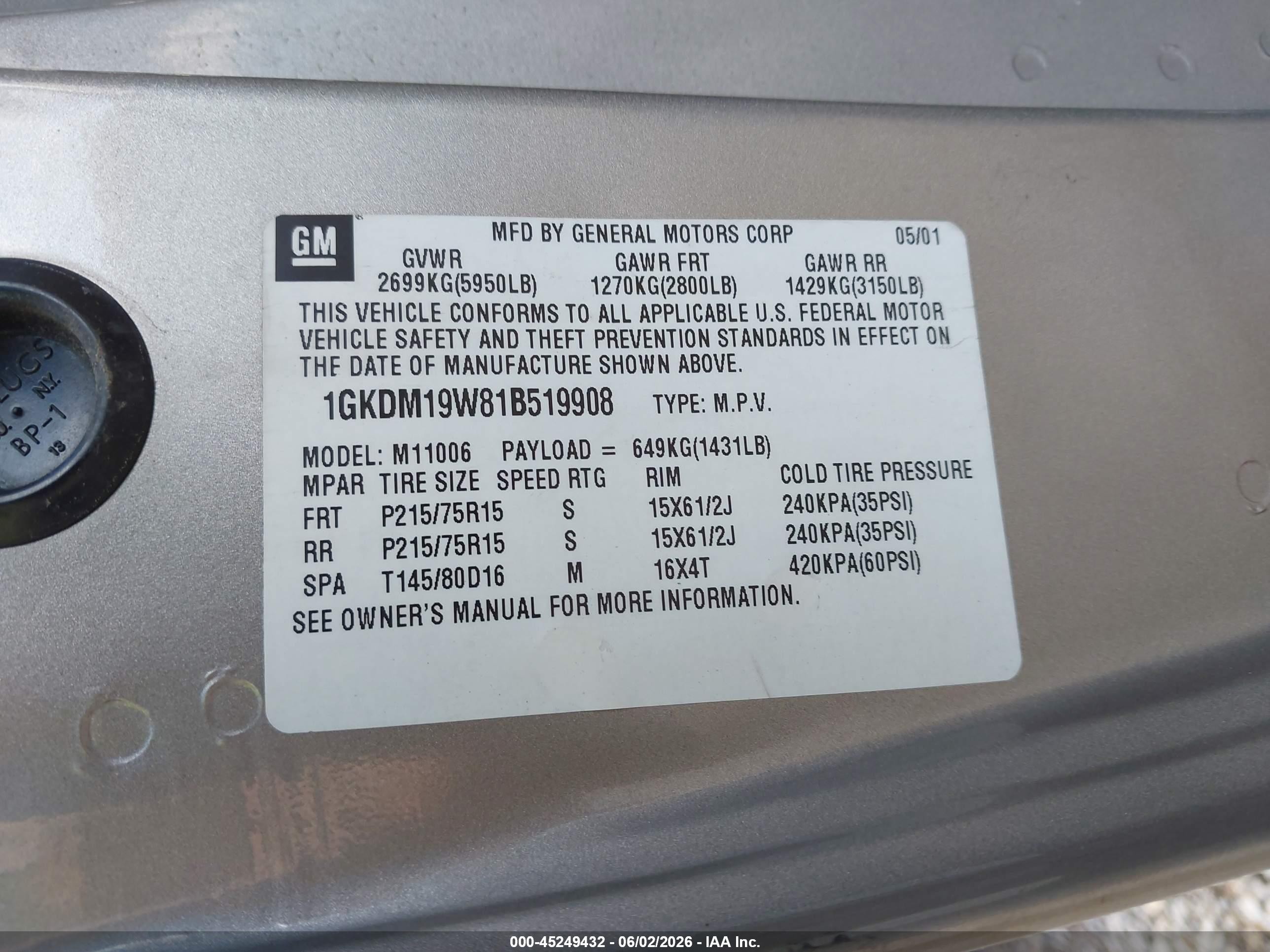 2001 Gmc Safari Sle Silver vin: 1GKDM19W81B519908
