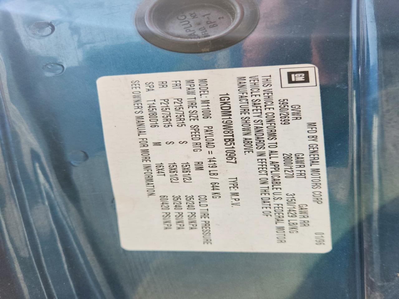 1996 Gmc Safari Xt Blue vin: 1GKDM19W8TB510967