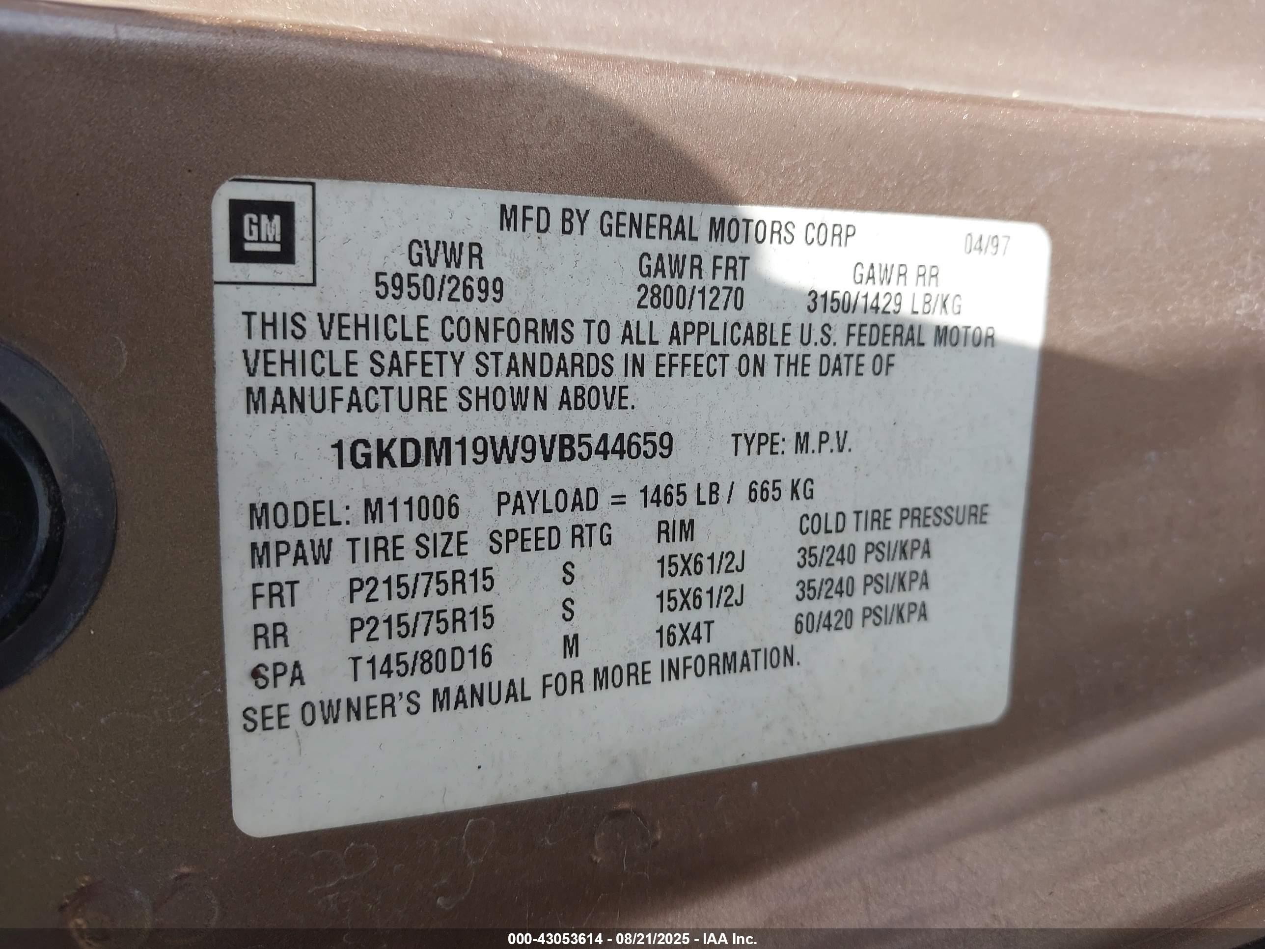 1997 Gmc Safari Passenger Slx Cmi Gold vin: 1GKDM19W9VB544659