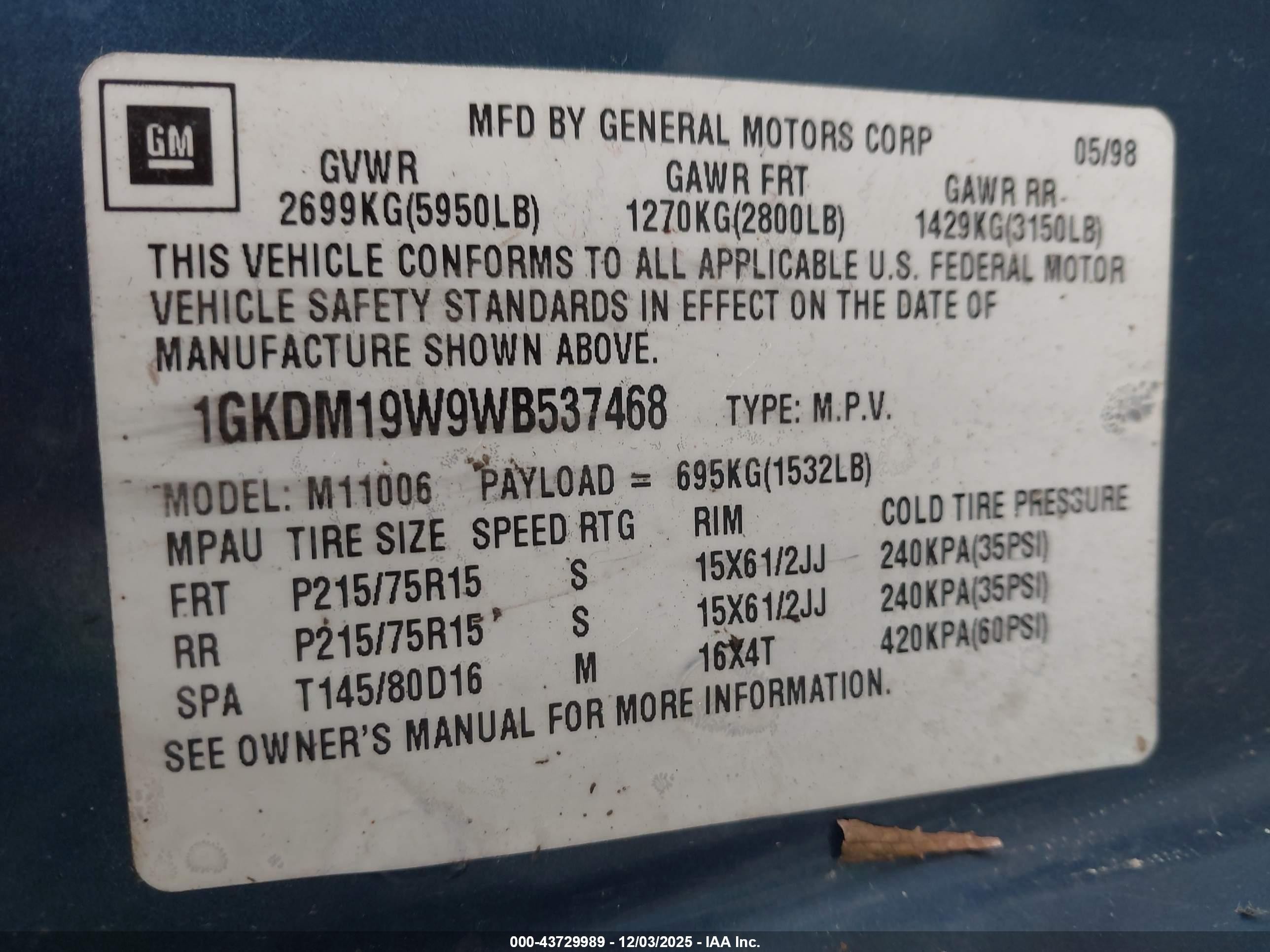 1998 Gmc Safari Sle Blue vin: 1GKDM19W9WB537468