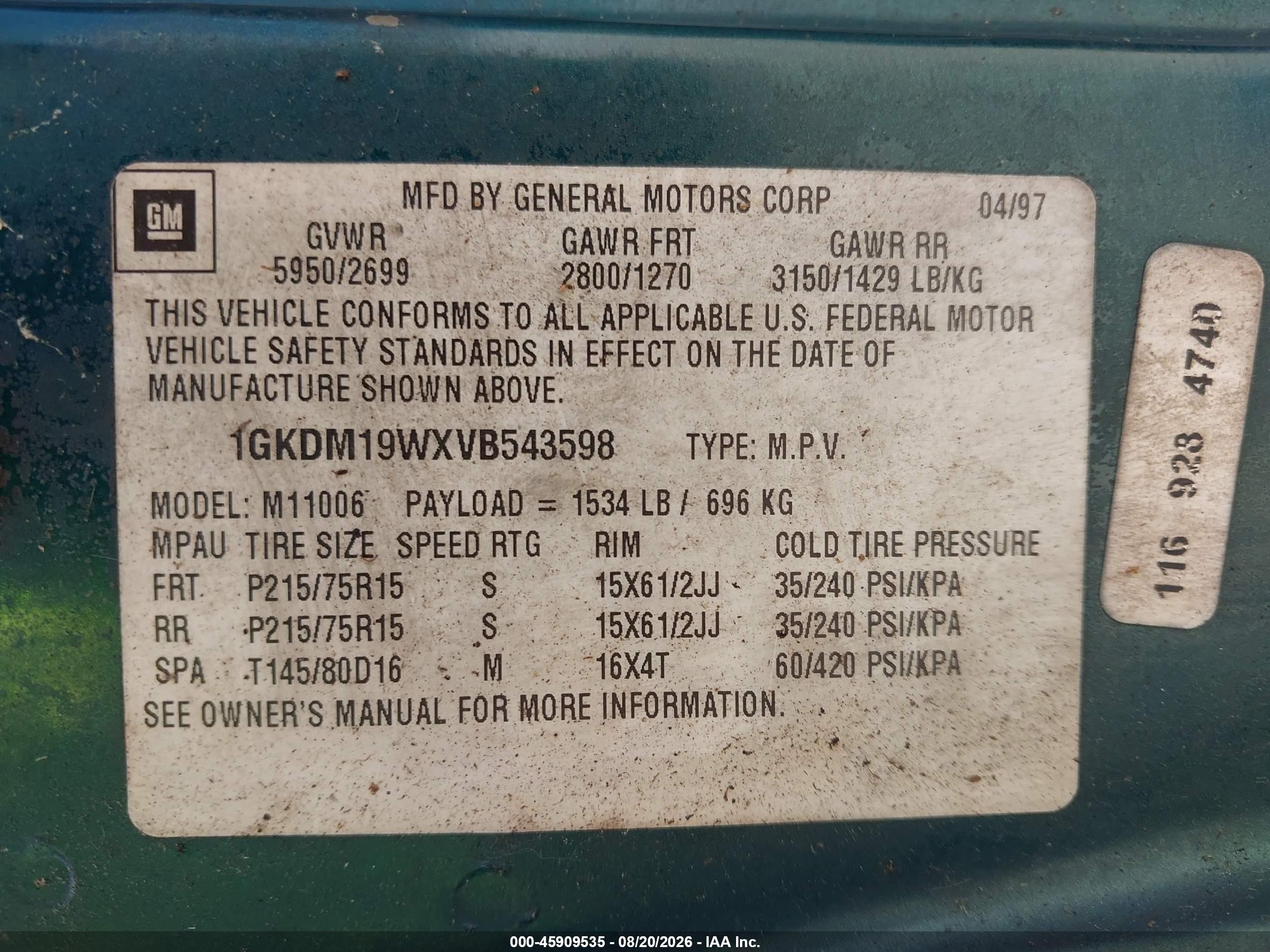 1997 Gmc Safari Passenger Slx Cmi Зеленый vin: 1GKDM19WXVB543598