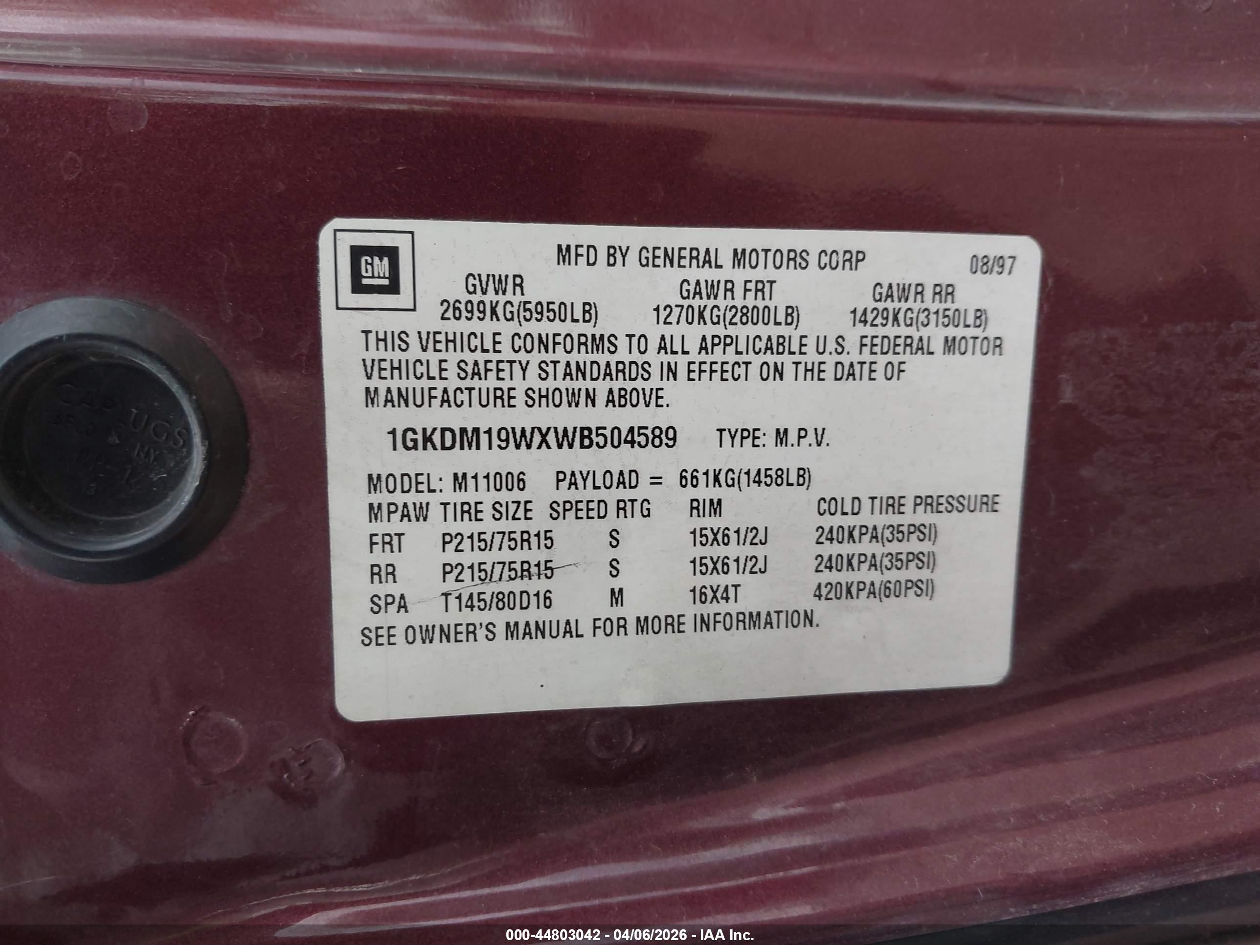 1998 Gmc Safari Sle Темно-бордовый vin: 1GKDM19WXWB504589