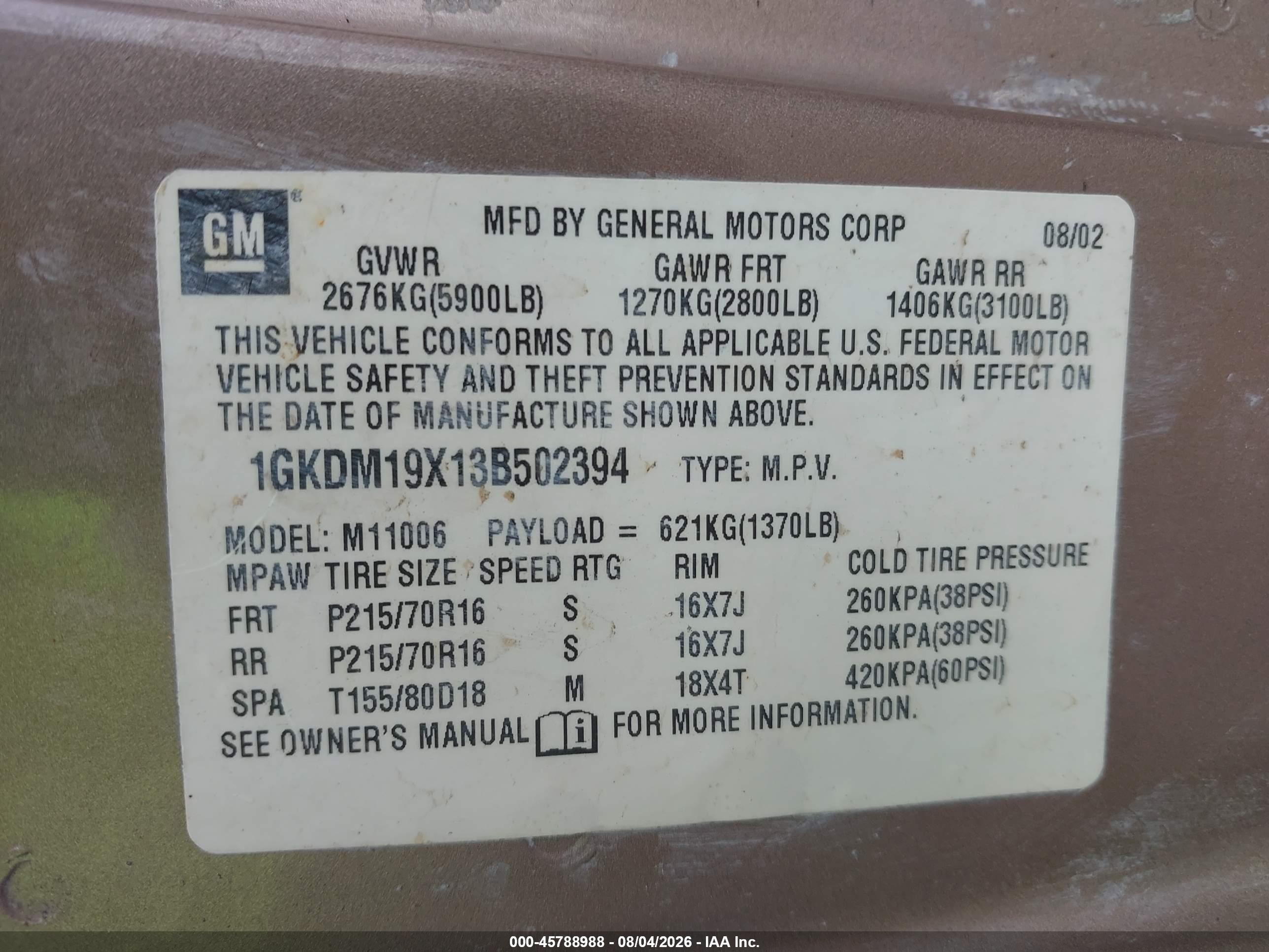 2003 Gmc Safari Passenger   Brown vin: 1GKDM19X13B502394