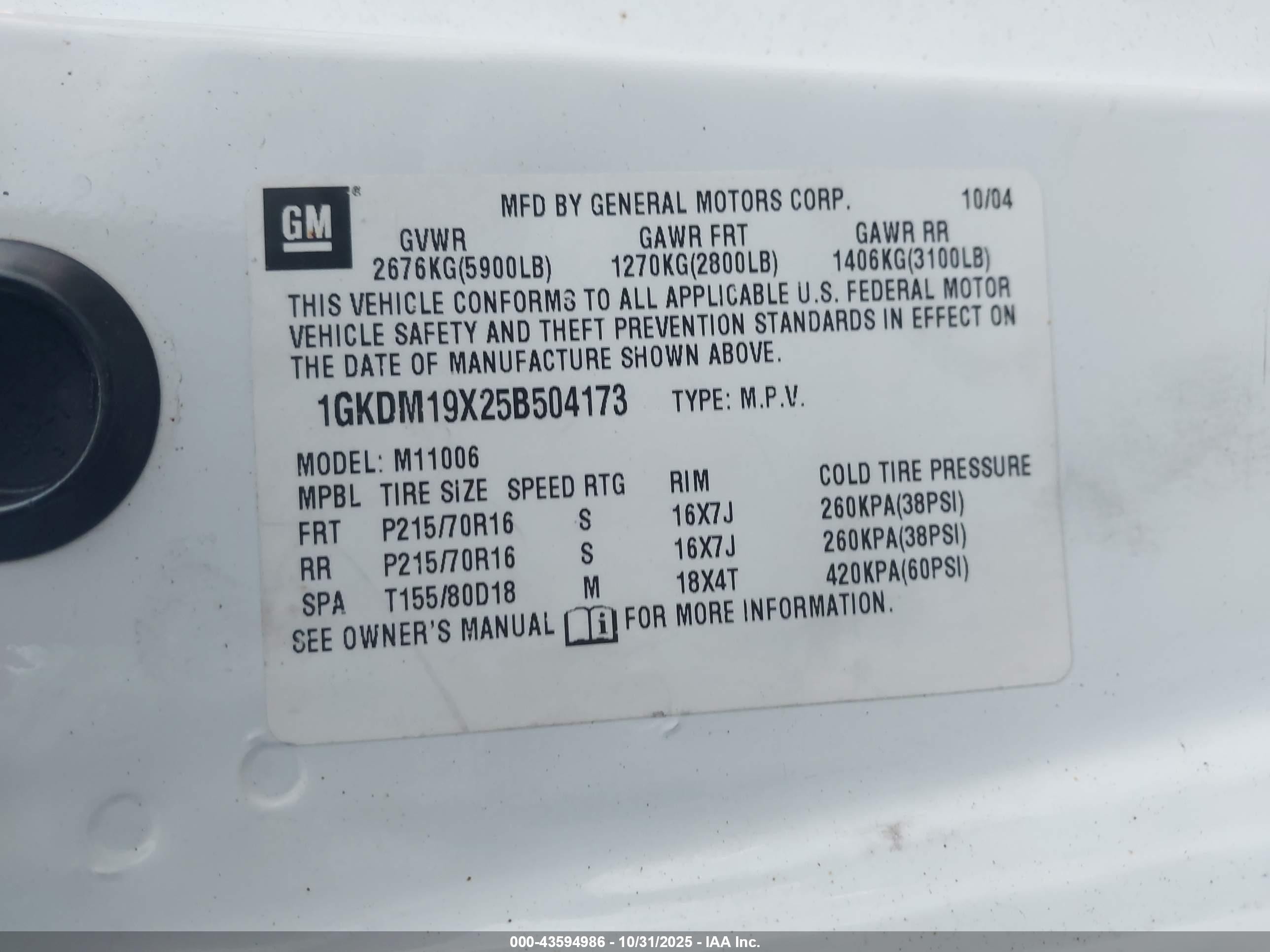 2005 Gmc Safari   White vin: 1GKDM19X25B504173