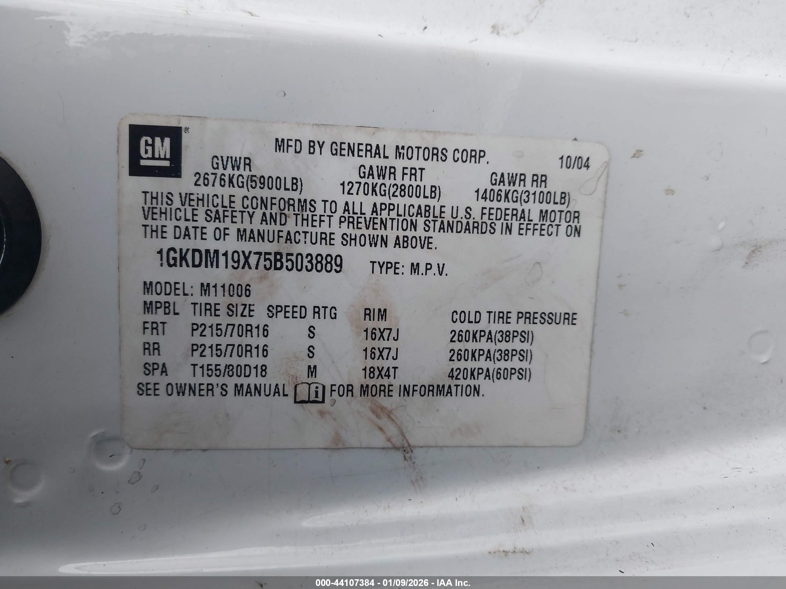 2005 Gmc Safari   White vin: 1GKDM19X75B503889