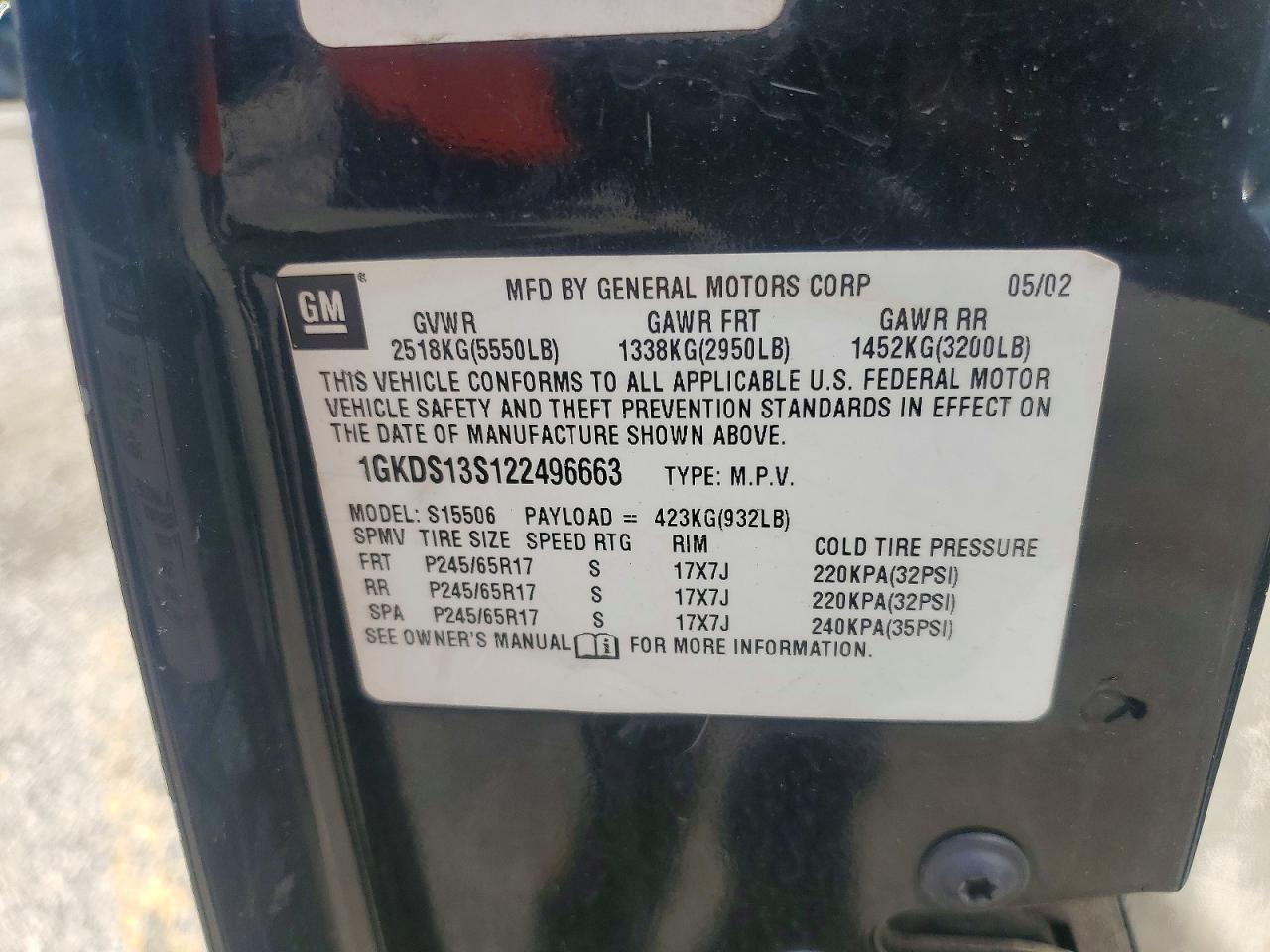 2002 Gmc Envoy Black vin: 1GKDS13S122496663