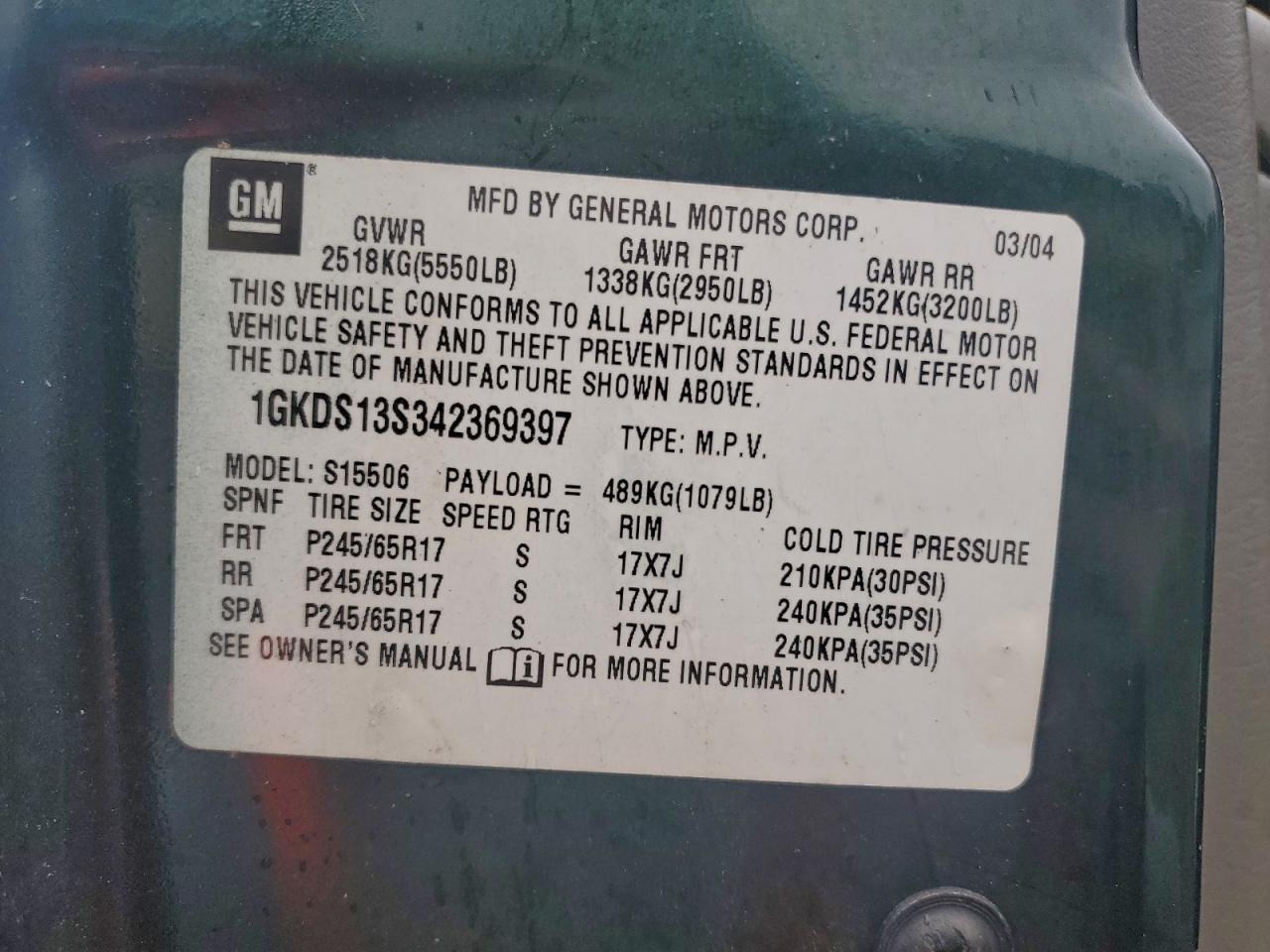 2004 Gmc Envoy Green vin: 1GKDS13S342369397