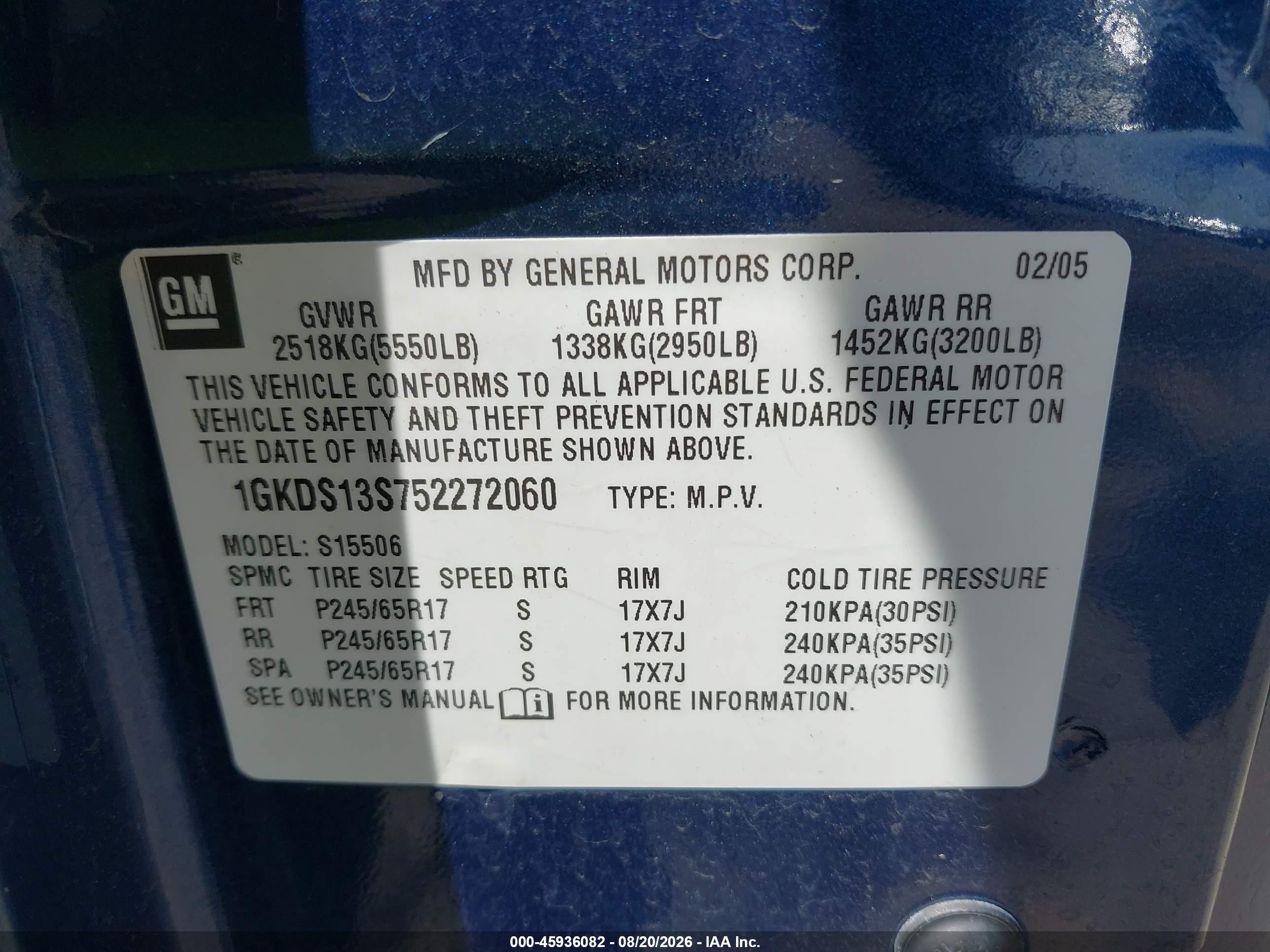 2005 Gmc Envoy Slt Blue vin: 1GKDS13S752272060