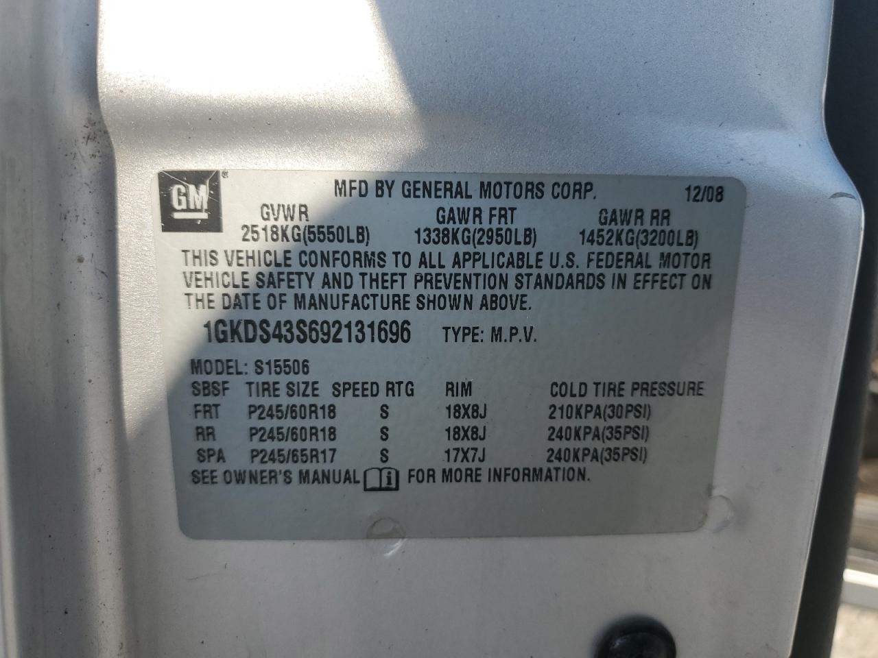 2009 Gmc Envoy Slt Серебряный vin: 1GKDS43S692131696