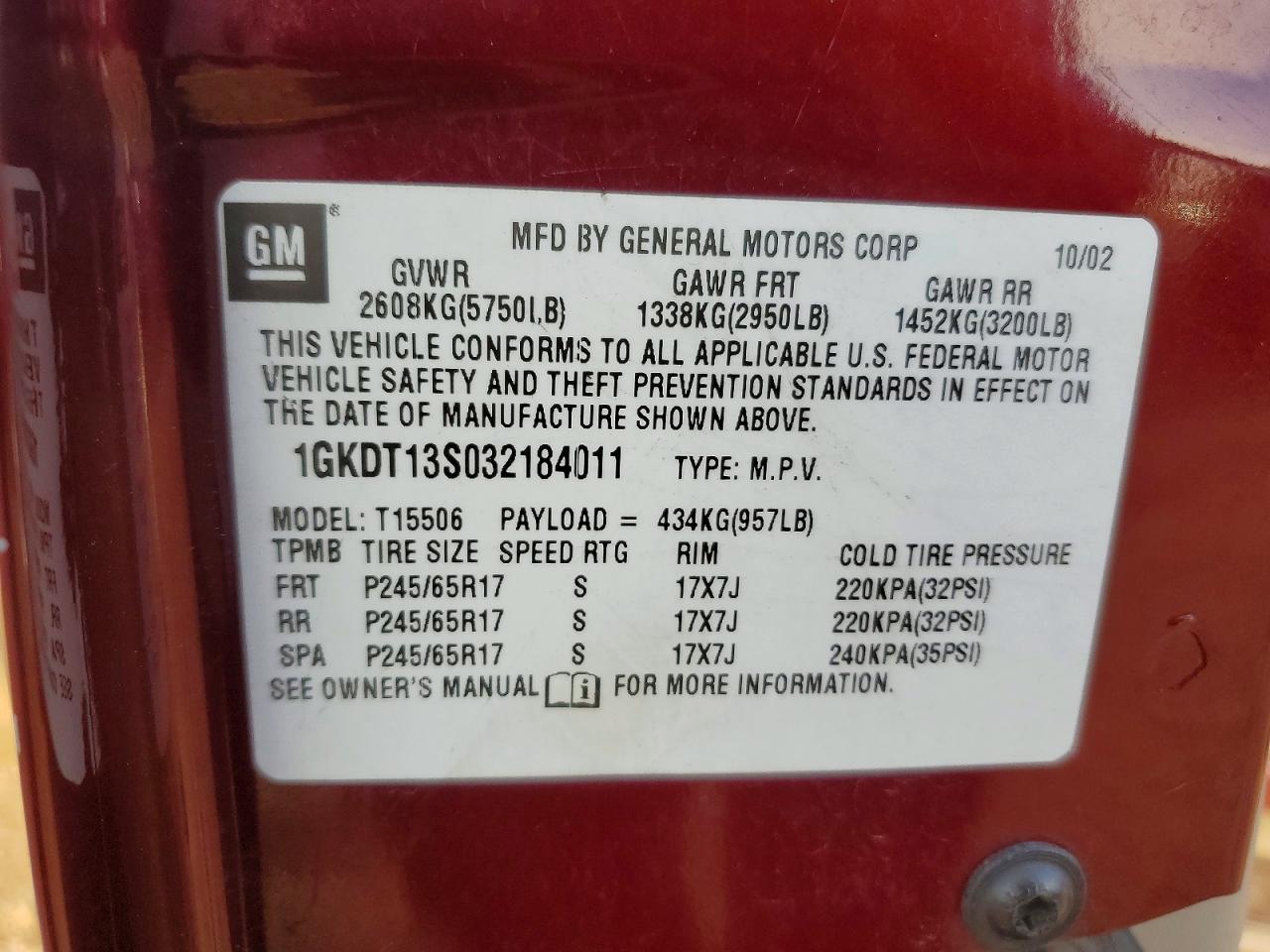 2003 Gmc Envysleslt Maroon vin: 1GKDT13S032184011