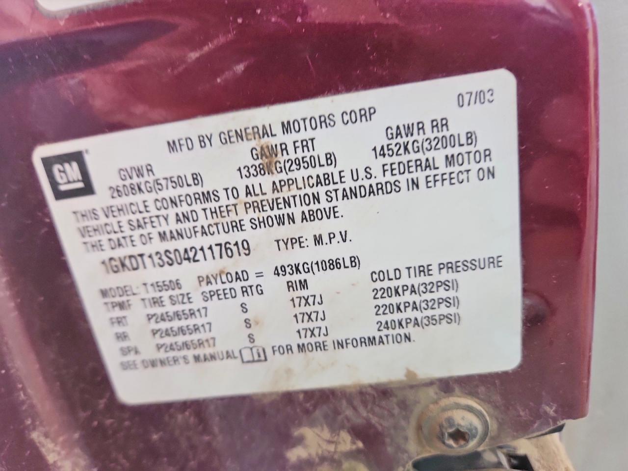 2004 Gmc Envoy Burgundy vin: 1GKDT13S042117619