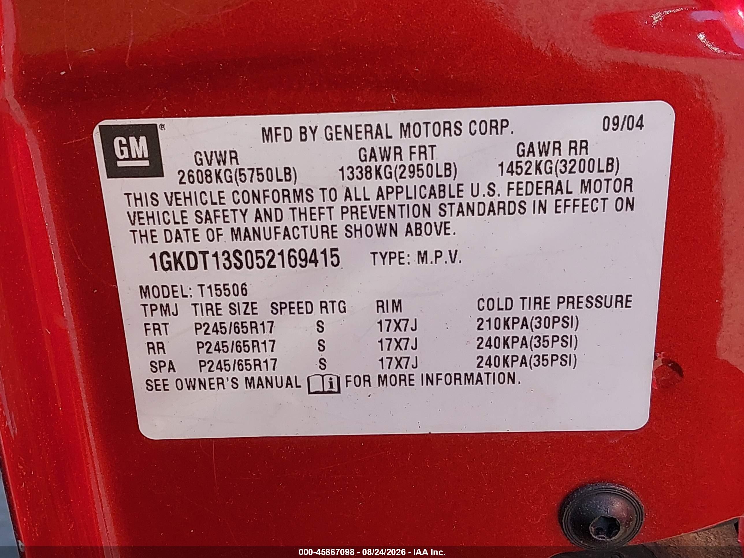 2005 Gmc Envoy Sle Red vin: 1GKDT13S052169415