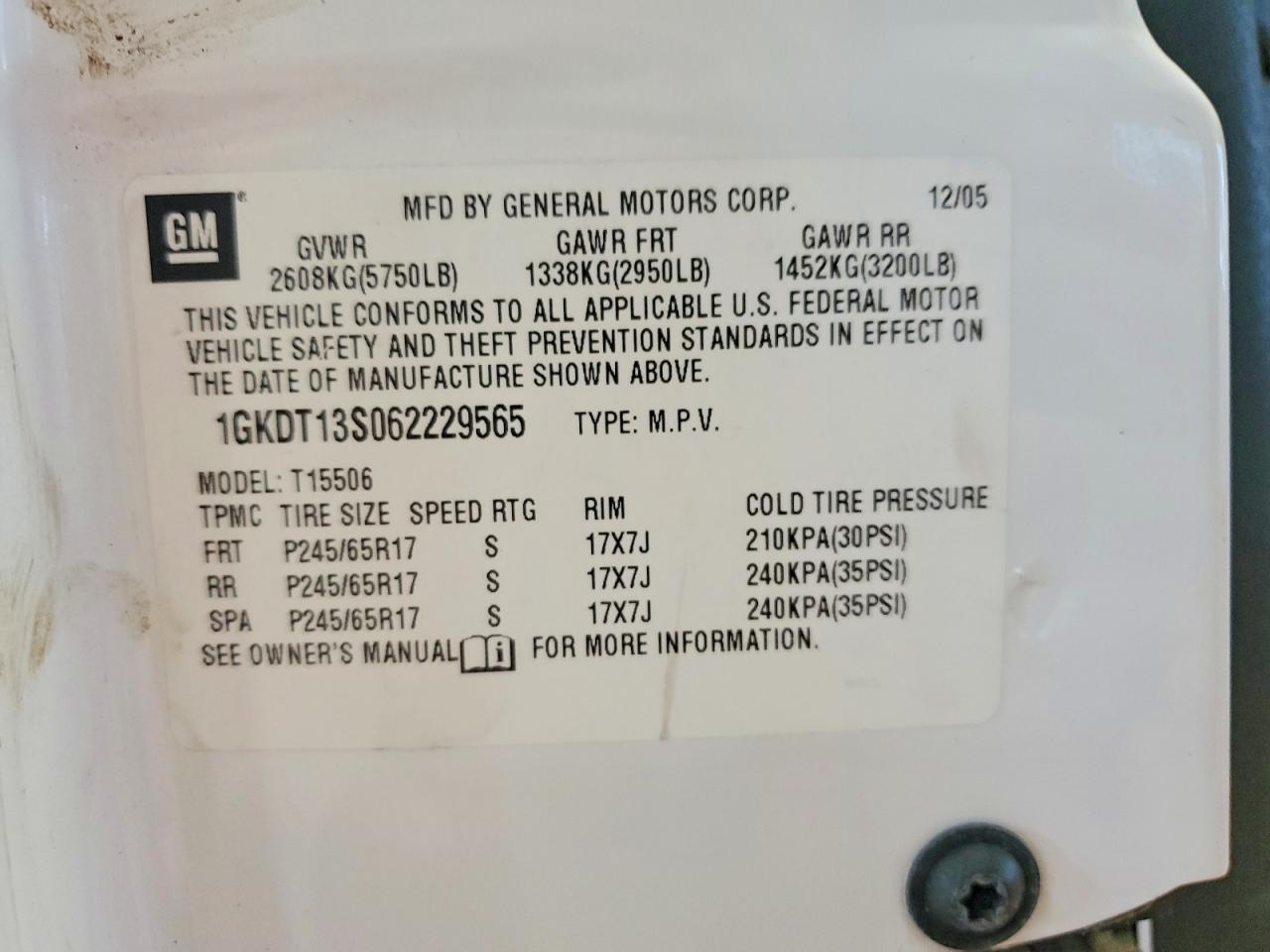 2006 Gmc Envoy White vin: 1GKDT13S062229565