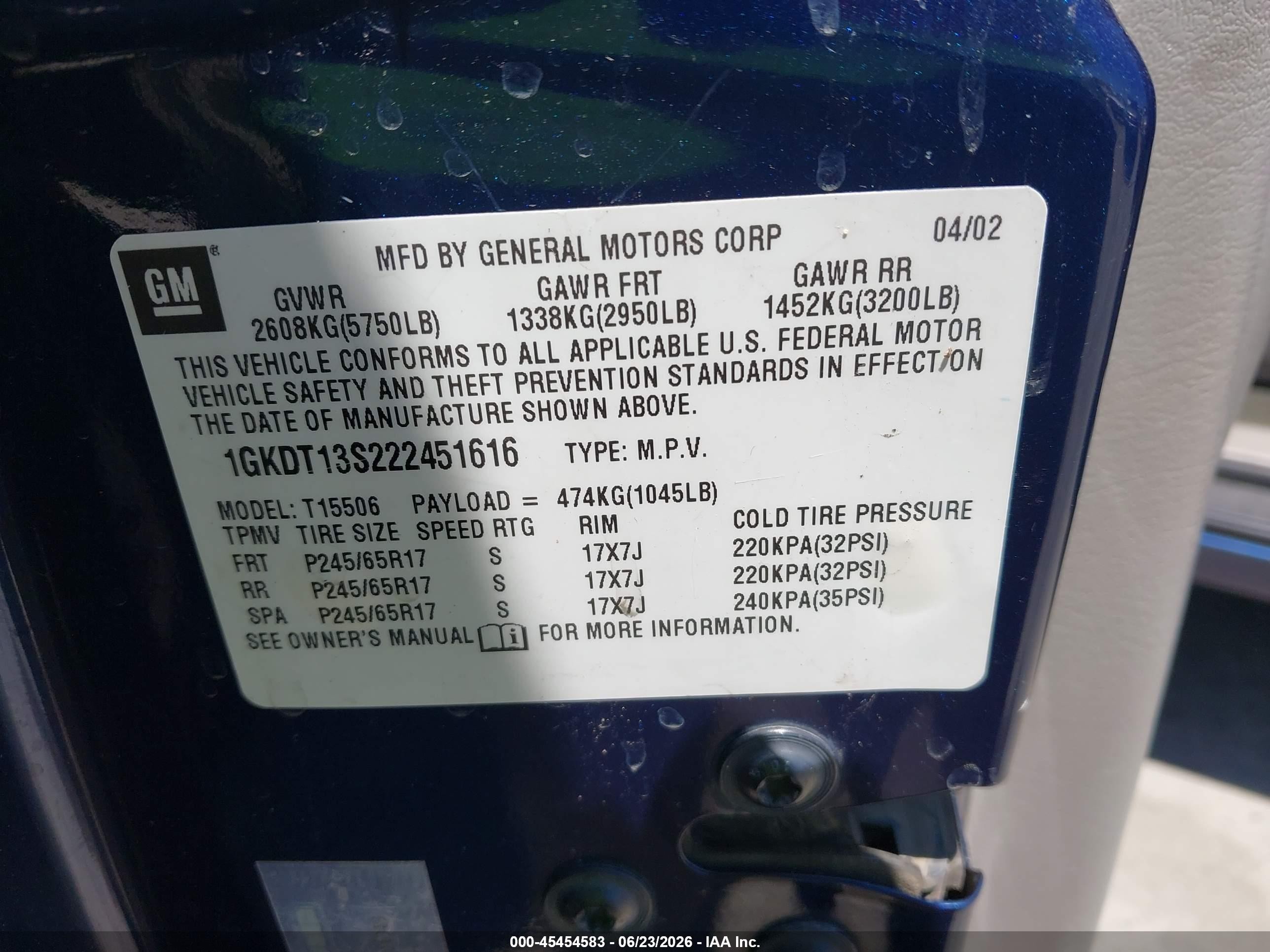 2002 Gmc Envoy Sle Blue vin: 1GKDT13S222451616