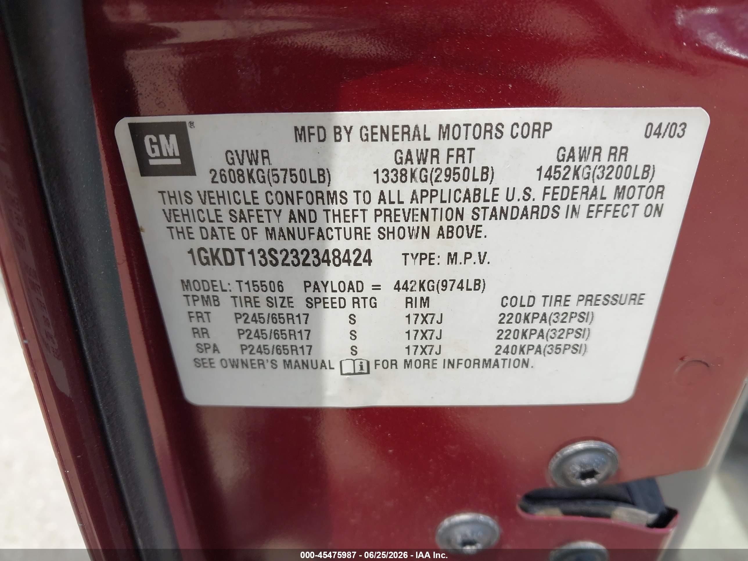 2003 Gmc Envoy Slt Burgundy vin: 1GKDT13S232348424