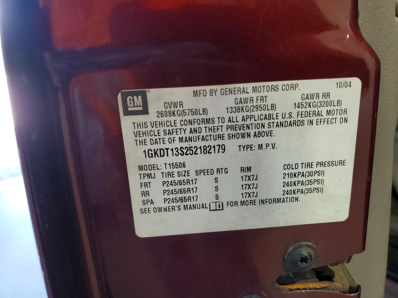 2005 Gmc Envoy Burgundy vin: 1GKDT13S252182179