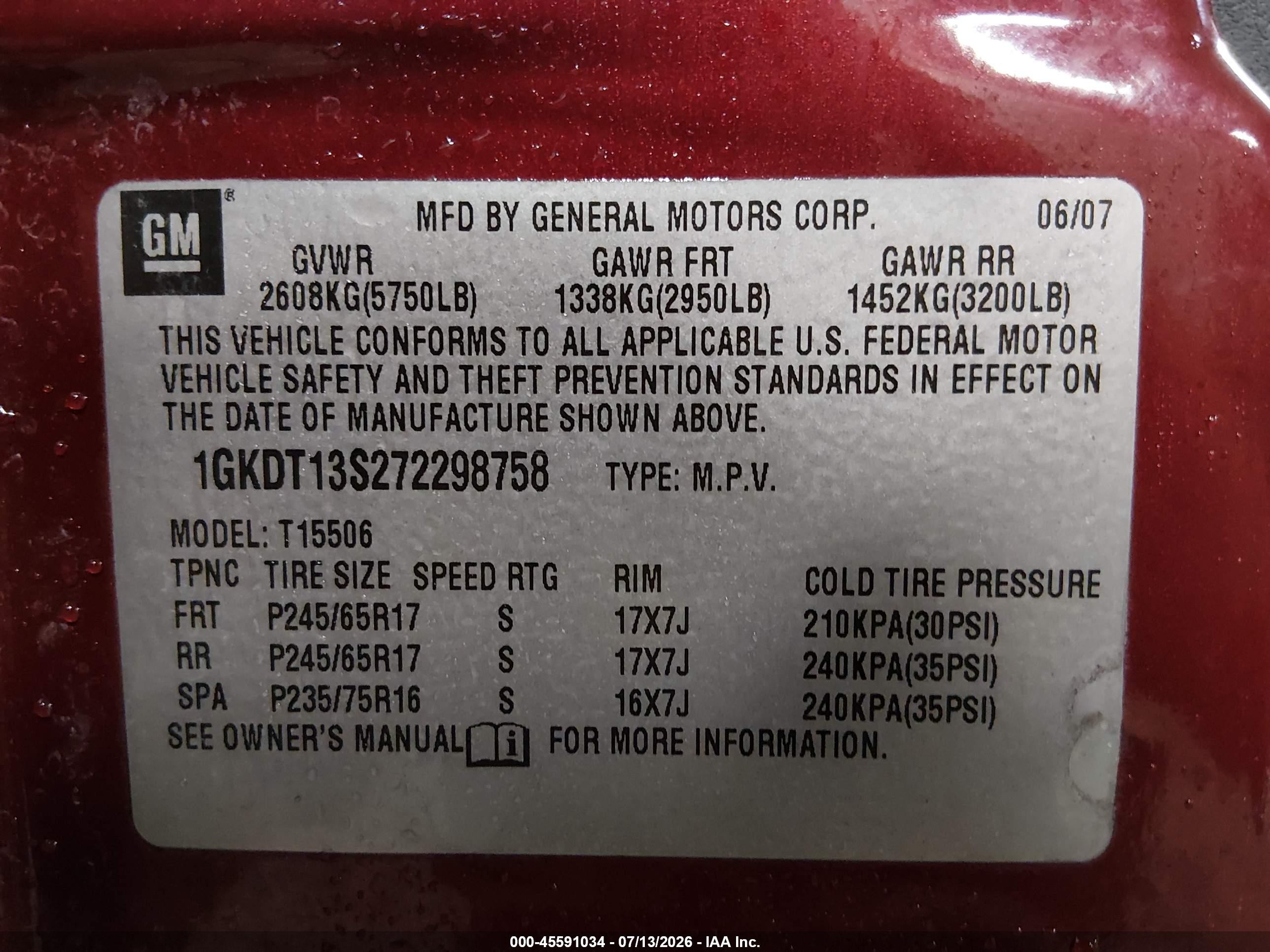 2007 Gmc Envoy Sle Commercial Maroon vin: 1GKDT13S272298758