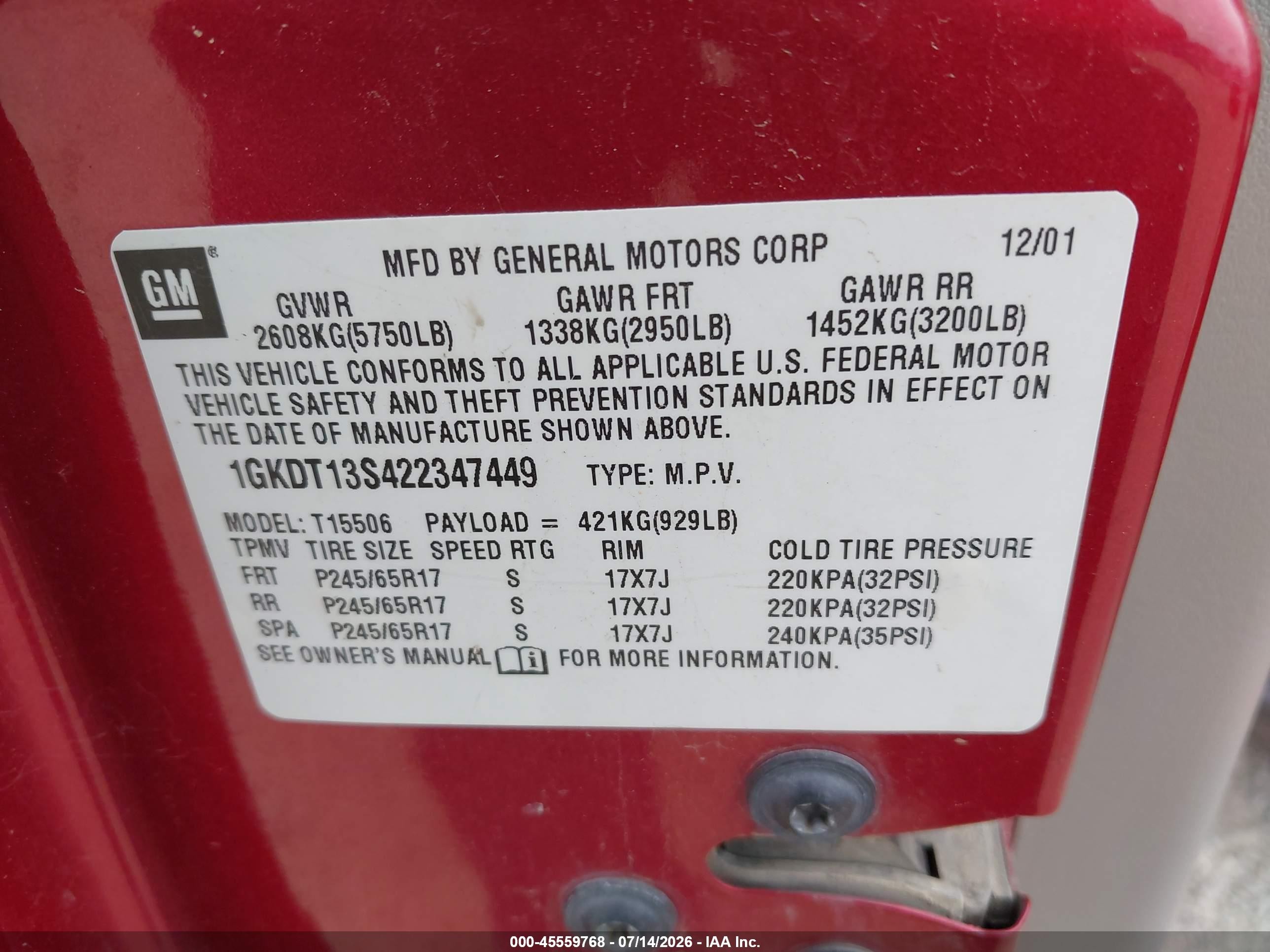 2002 Gmc Envoy Slt Red vin: 1GKDT13S422347449