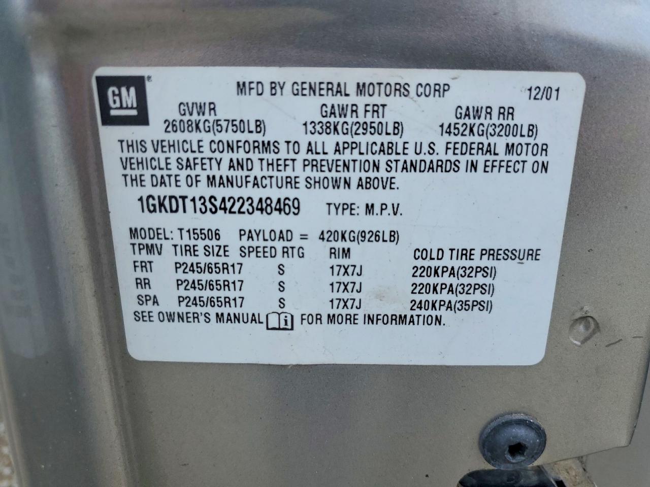 2002 Gmc Envoy Silver vin: 1GKDT13S422348469