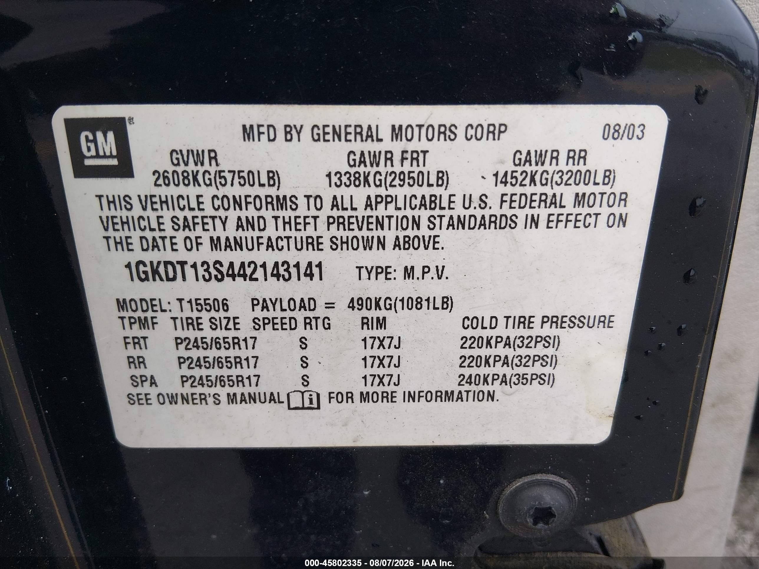 2004 Gmc Envoy Sle Blue vin: 1GKDT13S442143141