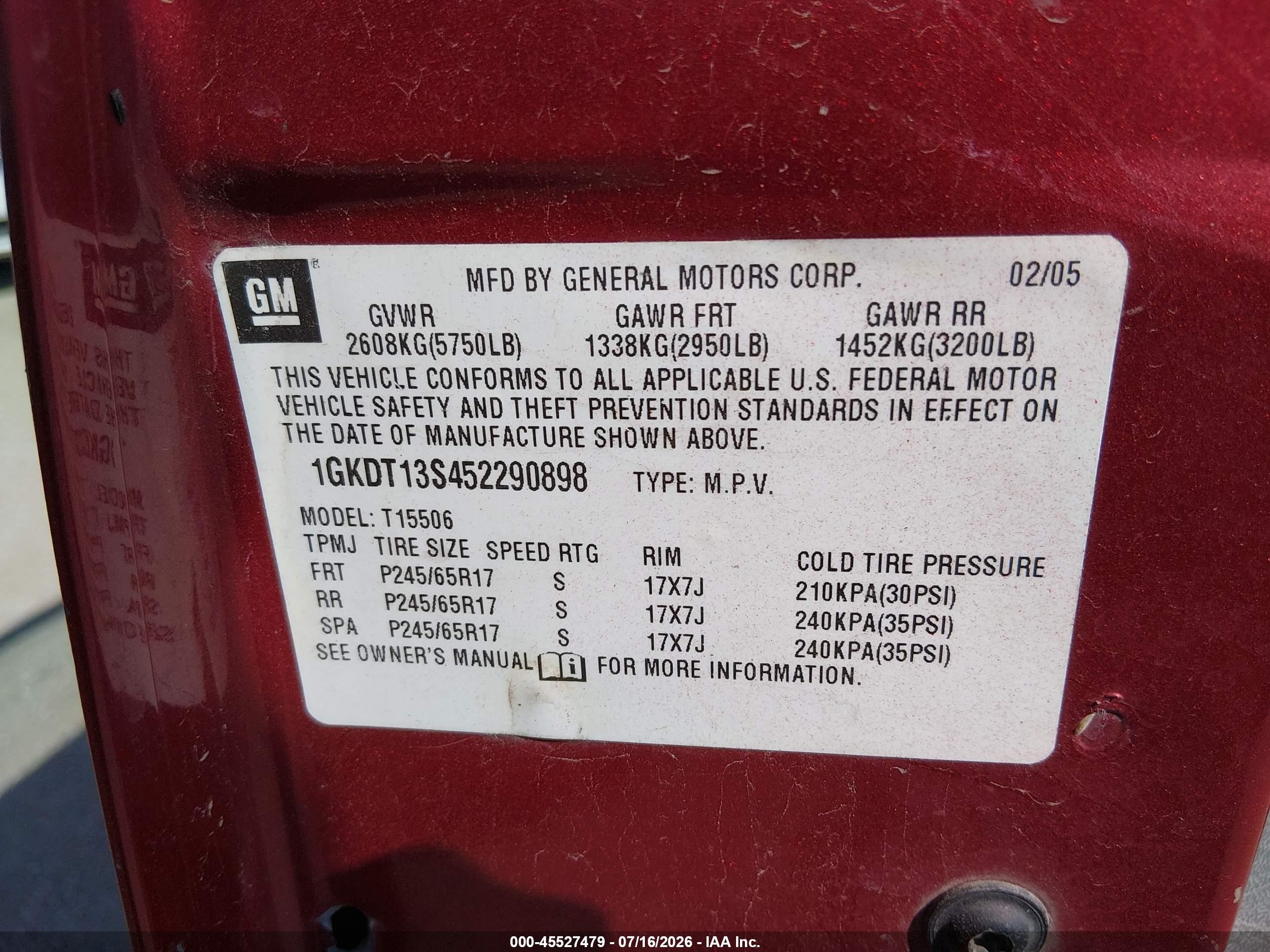 2005 Gmc Envoy Sle Maroon vin: 1GKDT13S452290898