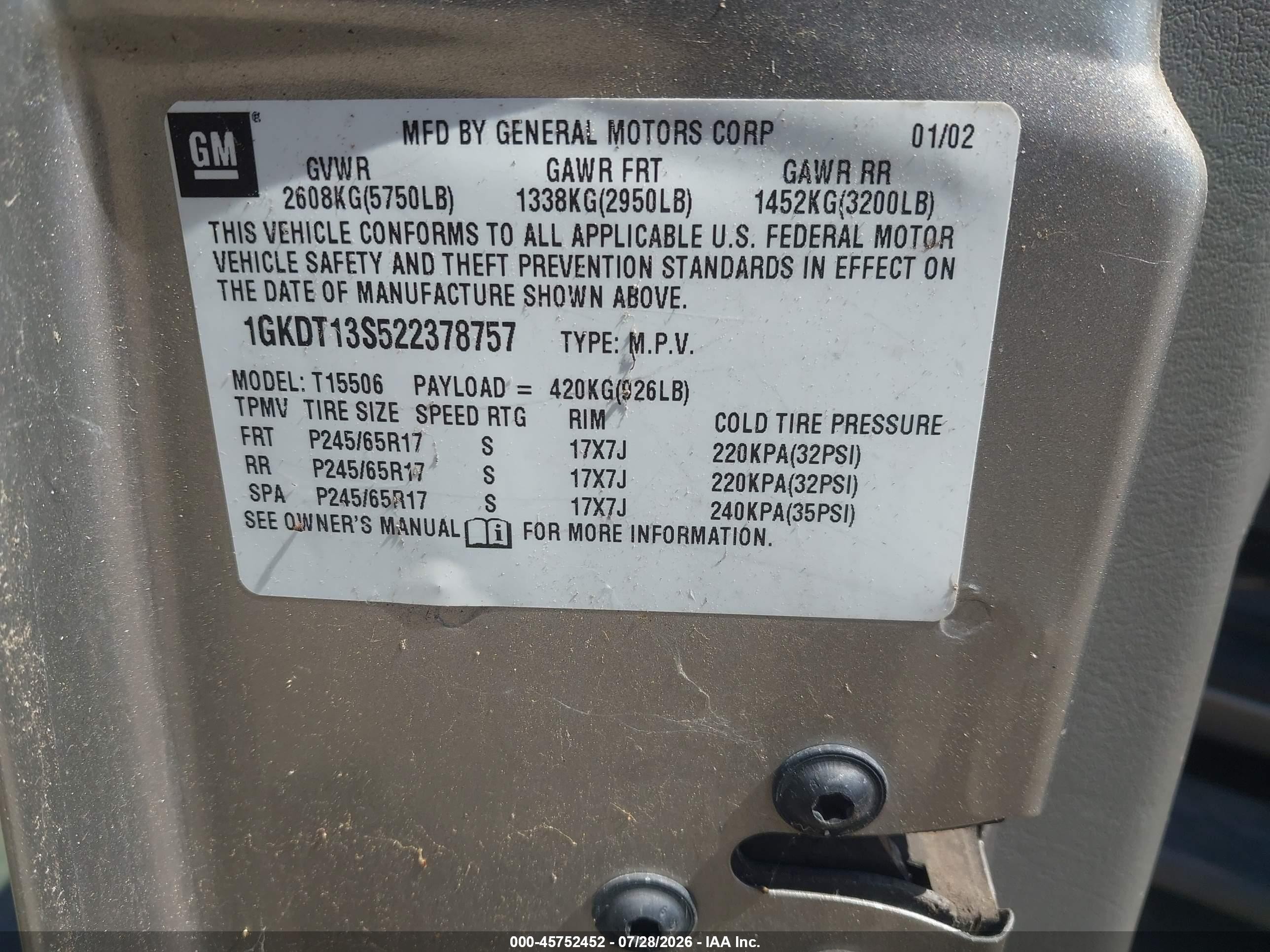 2002 Gmc Envoy   Gray vin: 1GKDT13S522378757