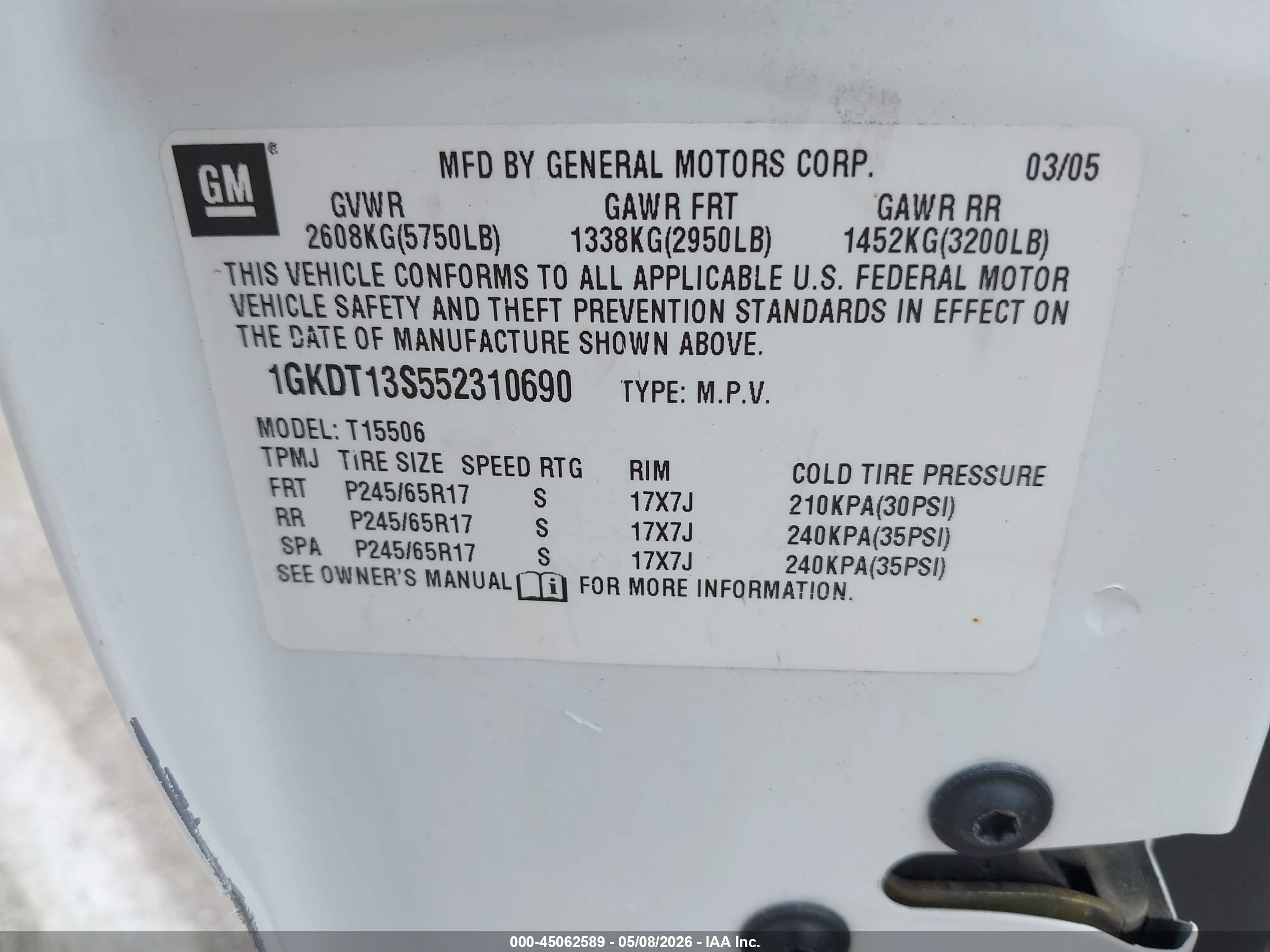 2005 Gmc Envoy Slt White vin: 1GKDT13S552310690