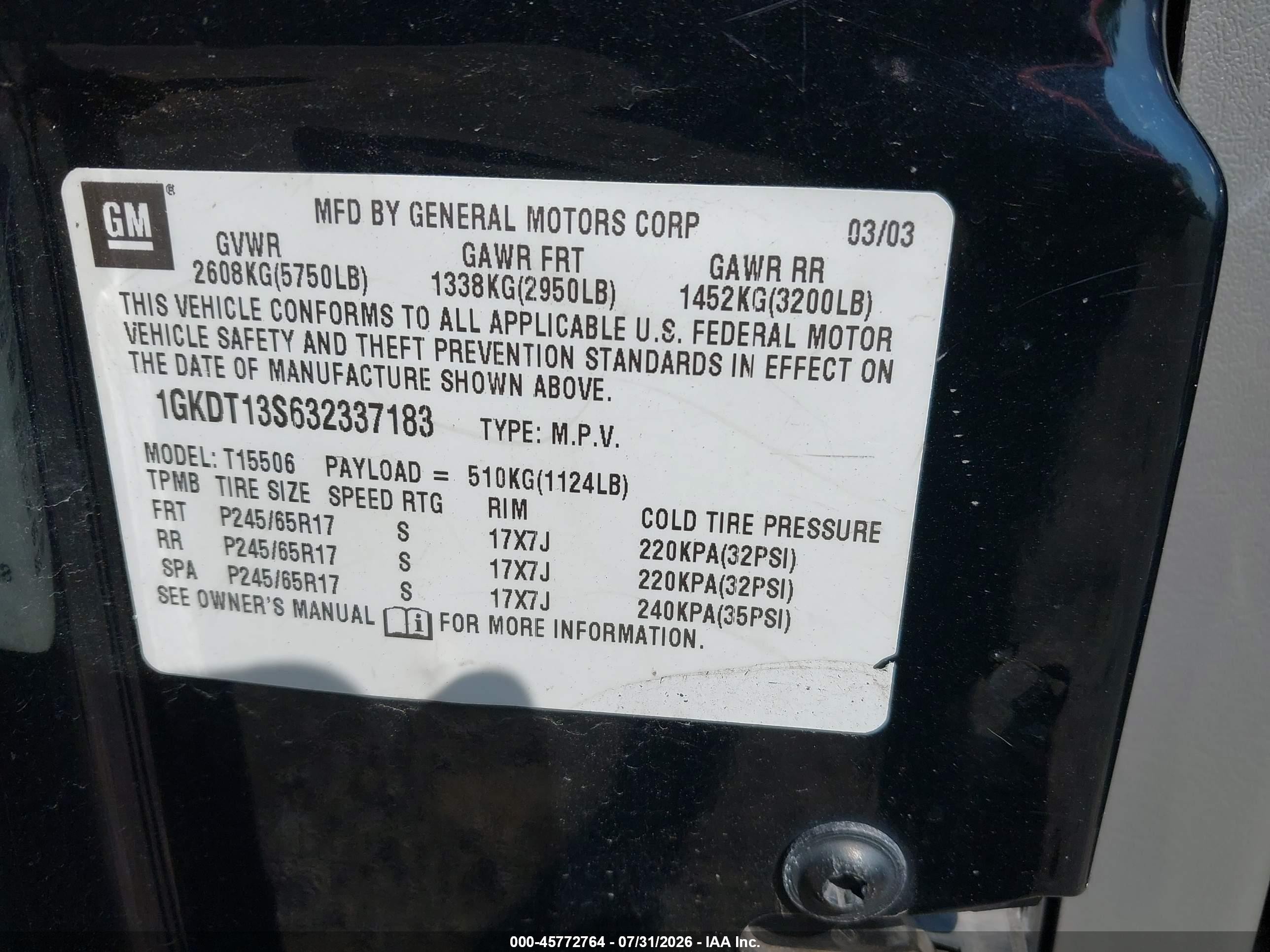 2003 Gmc Envoy Sle Black vin: 1GKDT13S632337183
