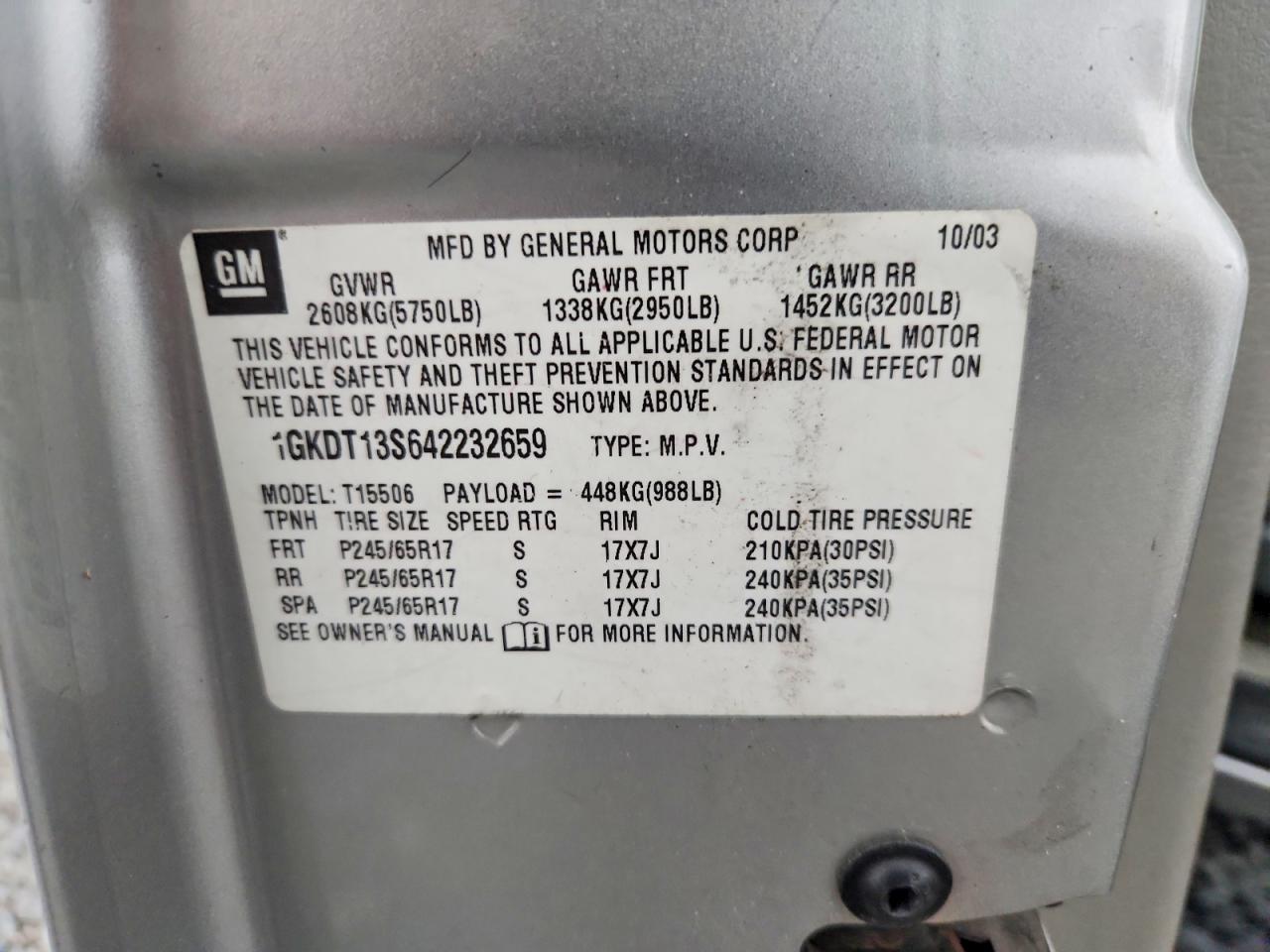 2004 Gmc Envoy Silver vin: 1GKDT13S642232659