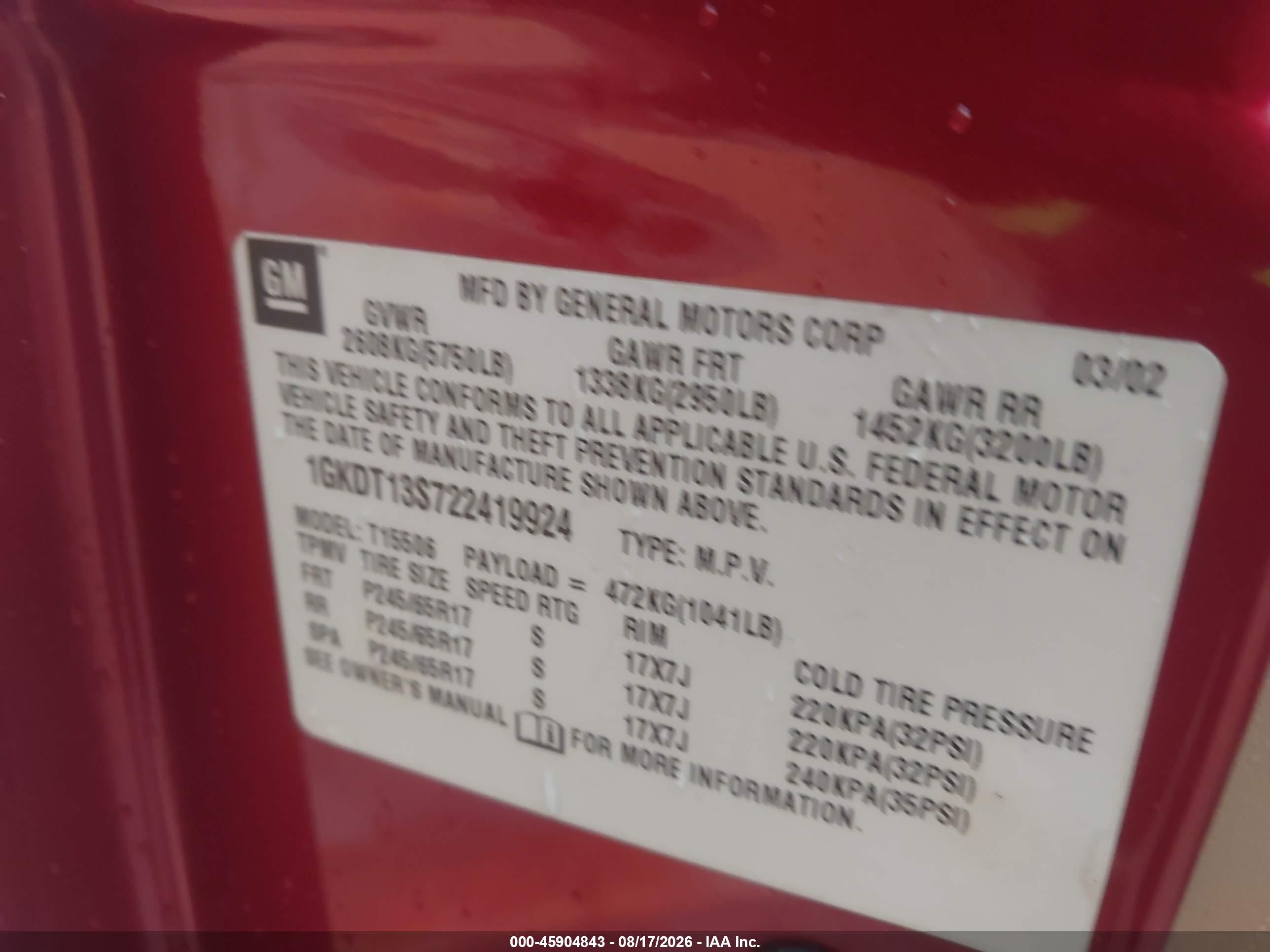 2002 Gmc Envoy Slt Red vin: 1GKDT13S722419924