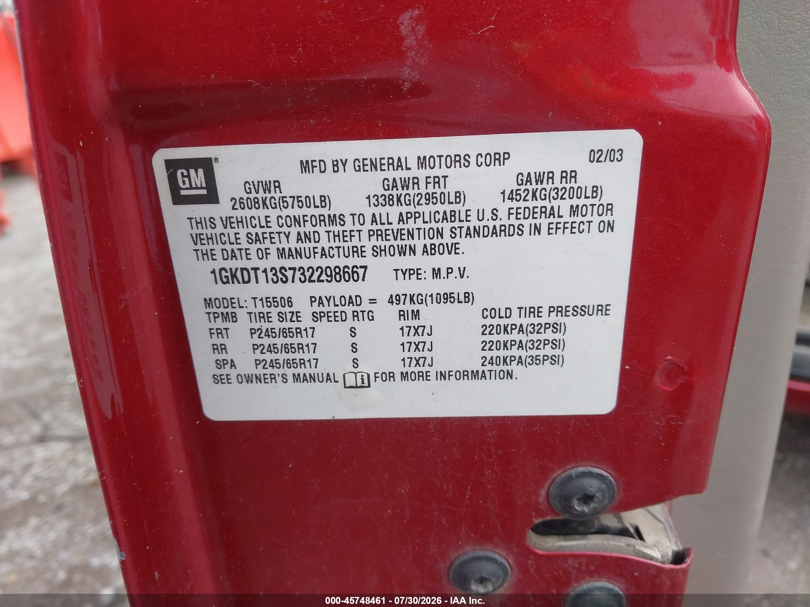 2003 Gmc Envoy Sle Red vin: 1GKDT13S732298667