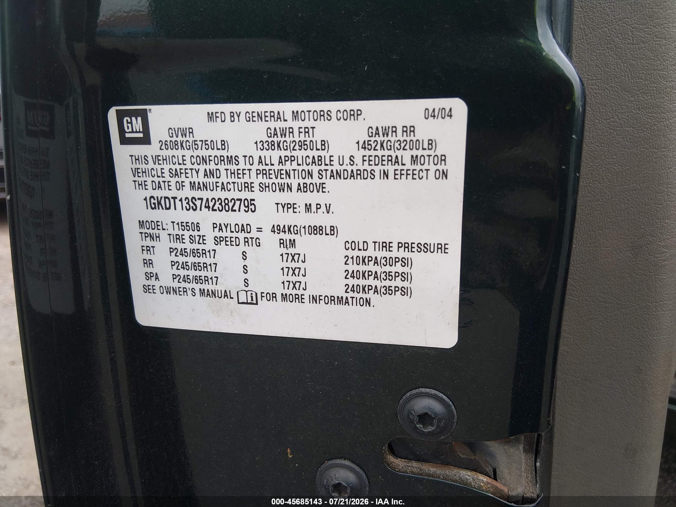 2004 Gmc Envoy Sle Green vin: 1GKDT13S742382795