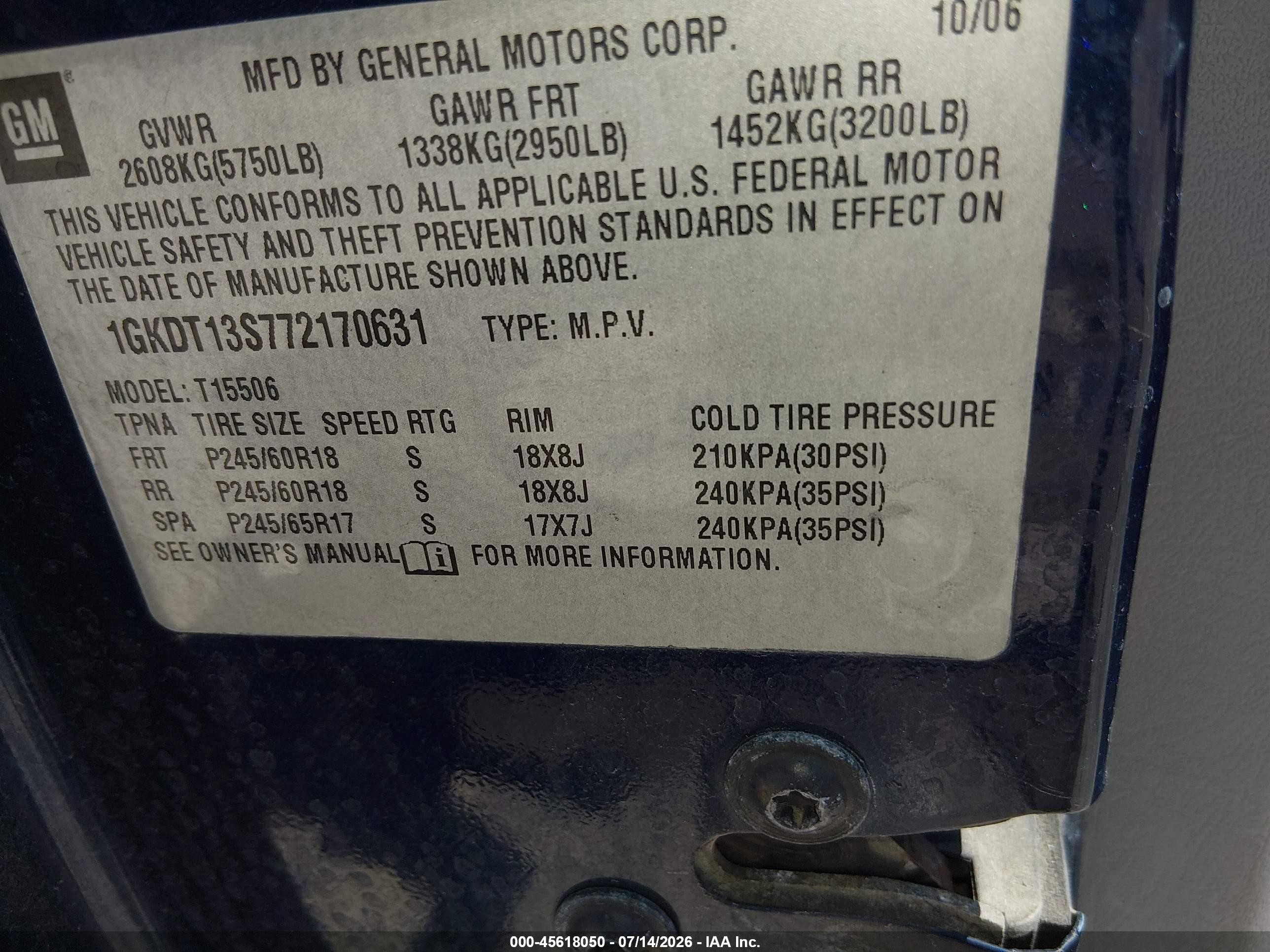 2007 Gmc Envoy Slt Blue vin: 1GKDT13S772170631