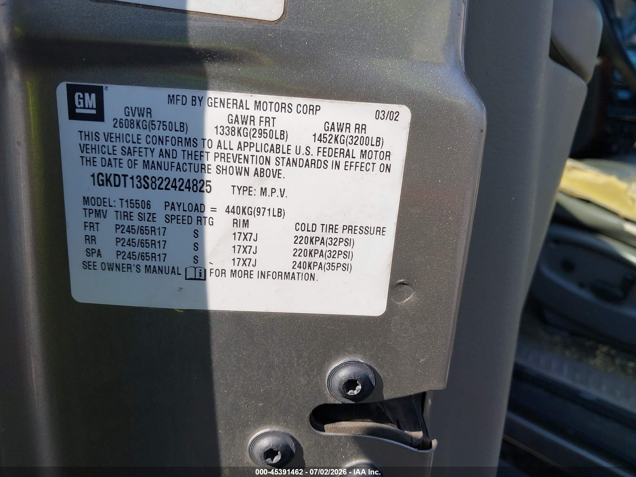 2002 Gmc Envoy Slt Gold vin: 1GKDT13S822424825