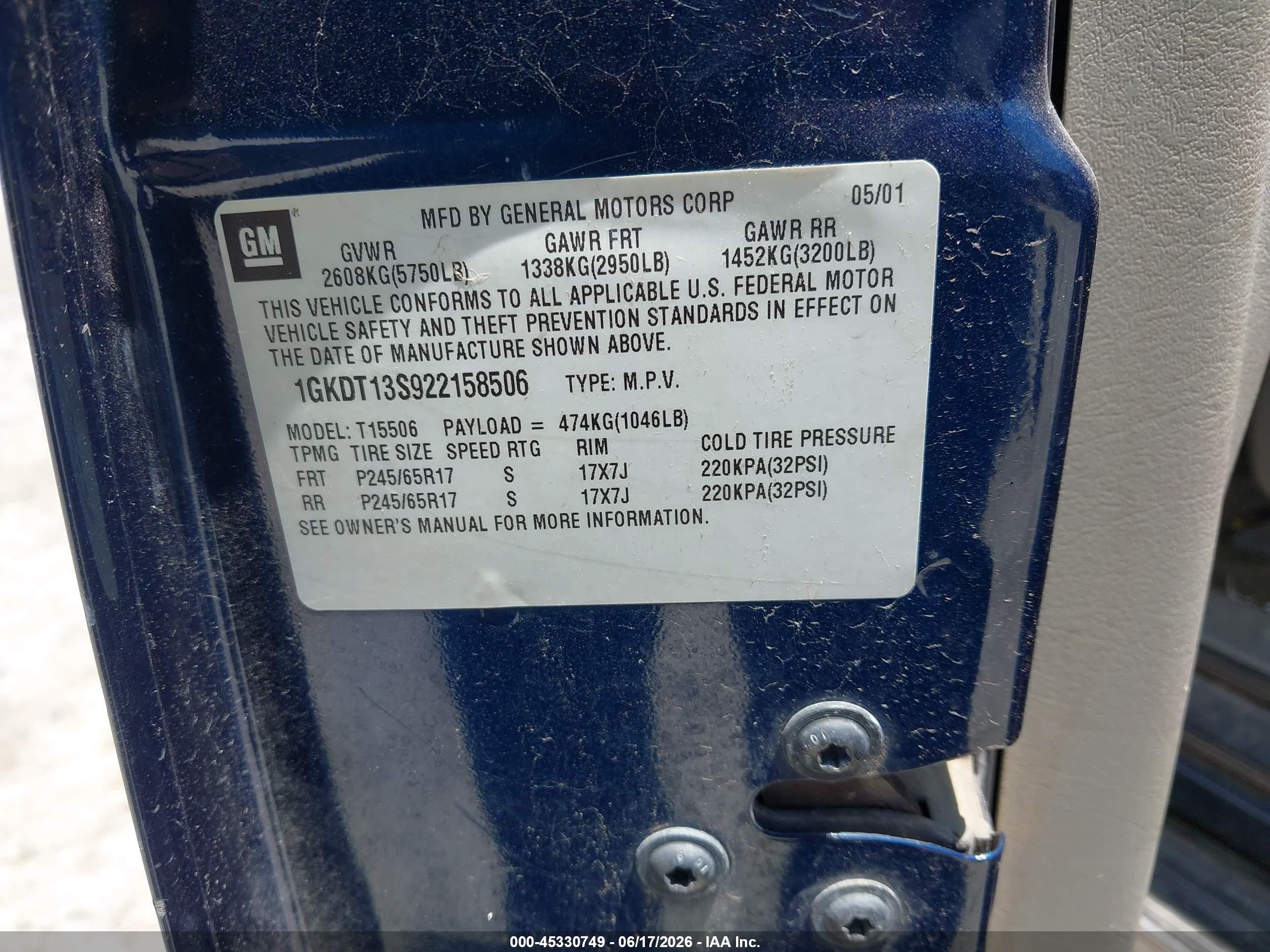 2002 Gmc Envoy Slt Blue vin: 1GKDT13S922158506