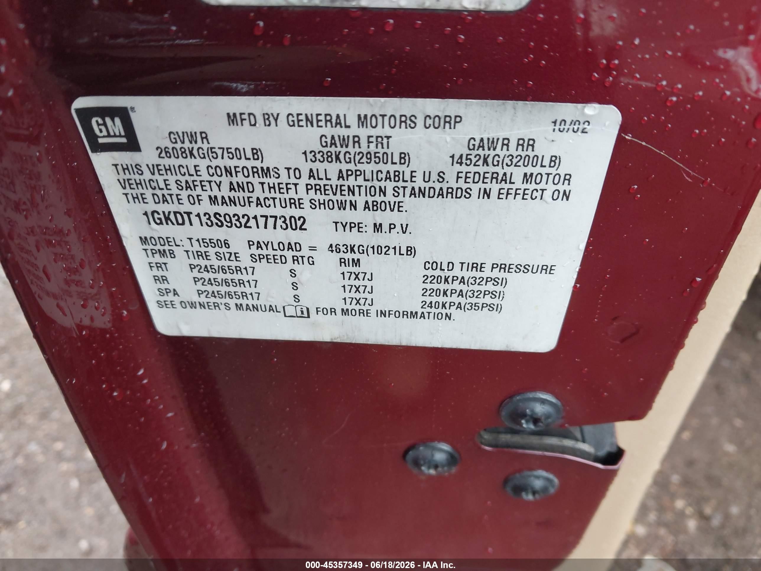 2003 Gmc Envoy Slt Burgundy vin: 1GKDT13S932177302