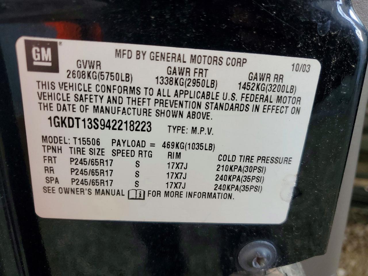 2004 Gmc Envoy Black vin: 1GKDT13S942218223